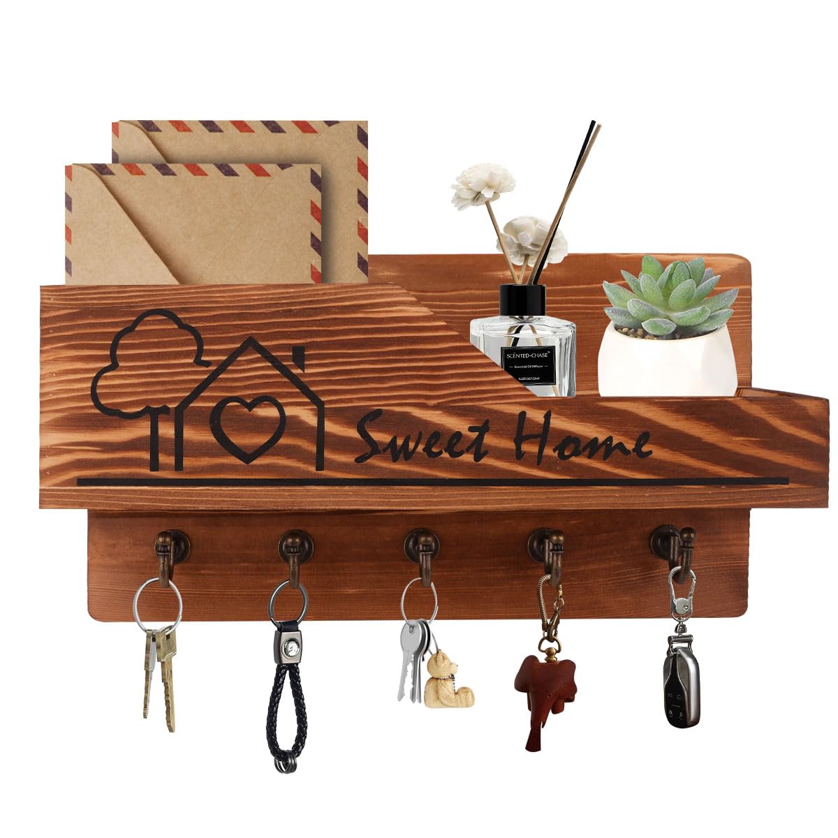 Gocokia Mail and Key Holder for Wall Decorative, Wooden Mail Organizer with 5 Key Hooks, Wall Mounted Key Hangers with Mailbox, Shelf for Mail, Letters, Newspapers and Magazines