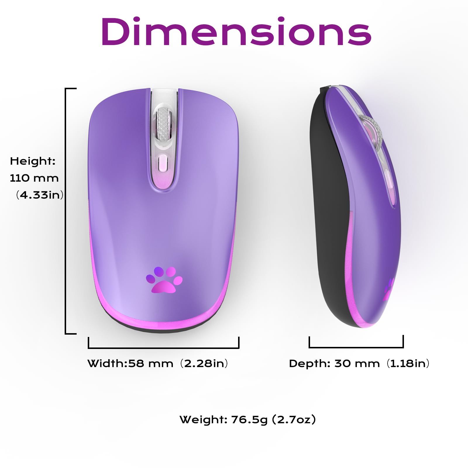 Wireless Mouse, 2.4G & Bluetooth Mouse for Laptop Slim Silent Mice with USB Receiver, 7 Color Backlit LED, 1000/1200/1400/1600 DPI Optical Computer Mice, Compatible with PC, Mac, Laptop, Purple - 2