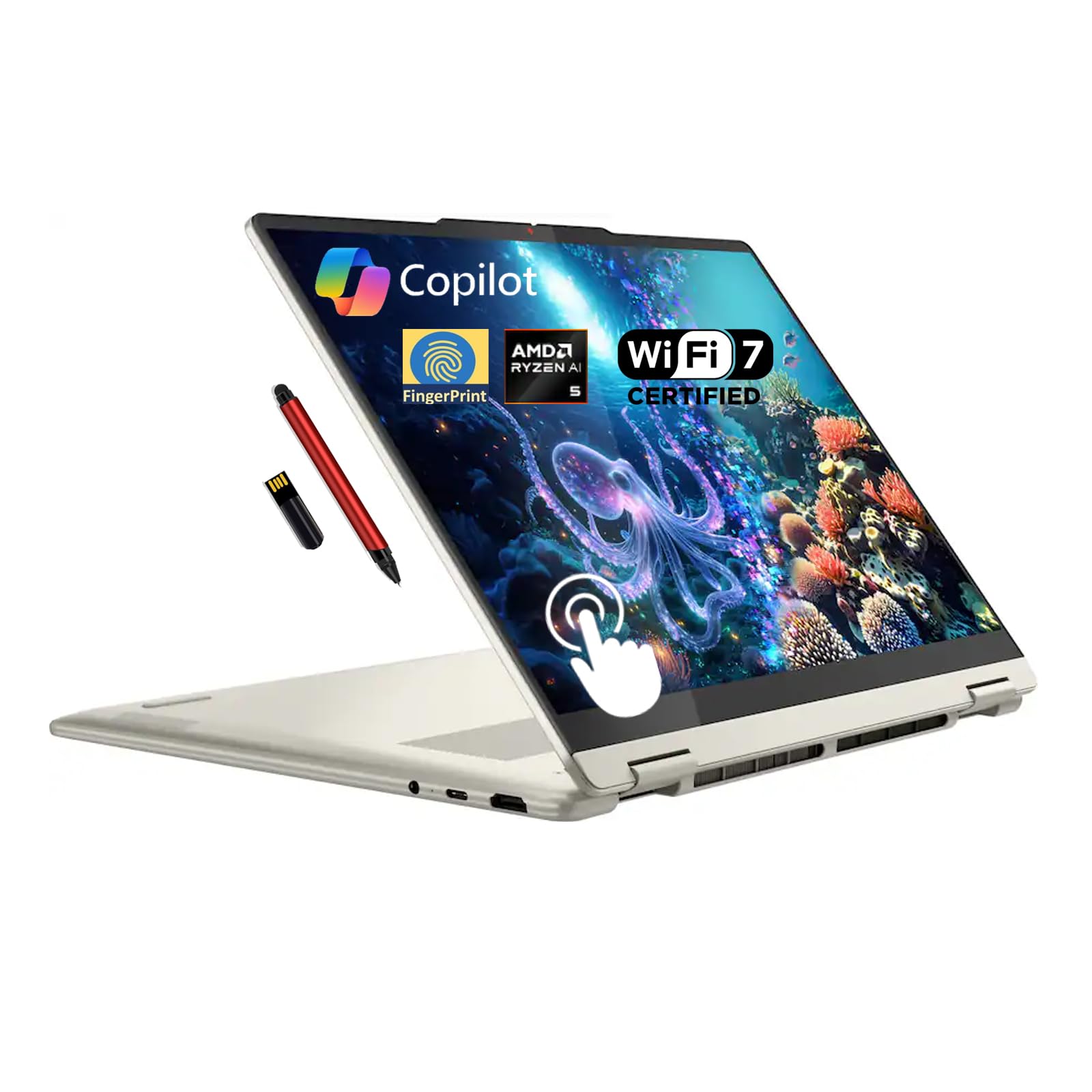 Photo 1 of Lenovo Yoga 7 2-in-1 Copilot+ AI PC Laptop, 14" 2K OLED Touch (100% DCI-P3), AMD Ryzen AI 5 340 (Up to 50 Tops), 16GB LPDDR5, 512GB SSD, for Creator Business Professional, Windows 11, EAT 16GB USB PEN
