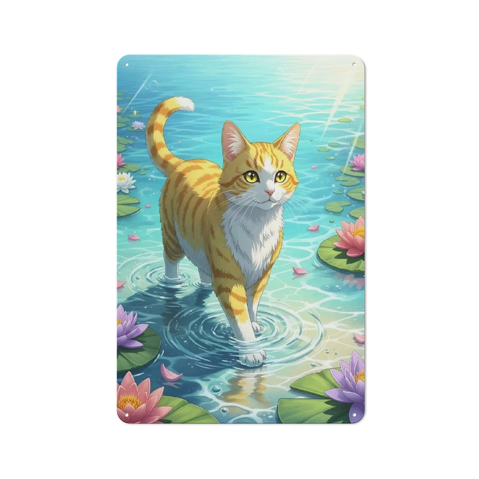 Junmoney Style-14 For Hobby Room Or Studio, Cat Walking On Water Lilies Pond Retro Tin Sign 30X20cm, Gift For Creative Interior Collectors During The Christmas Season