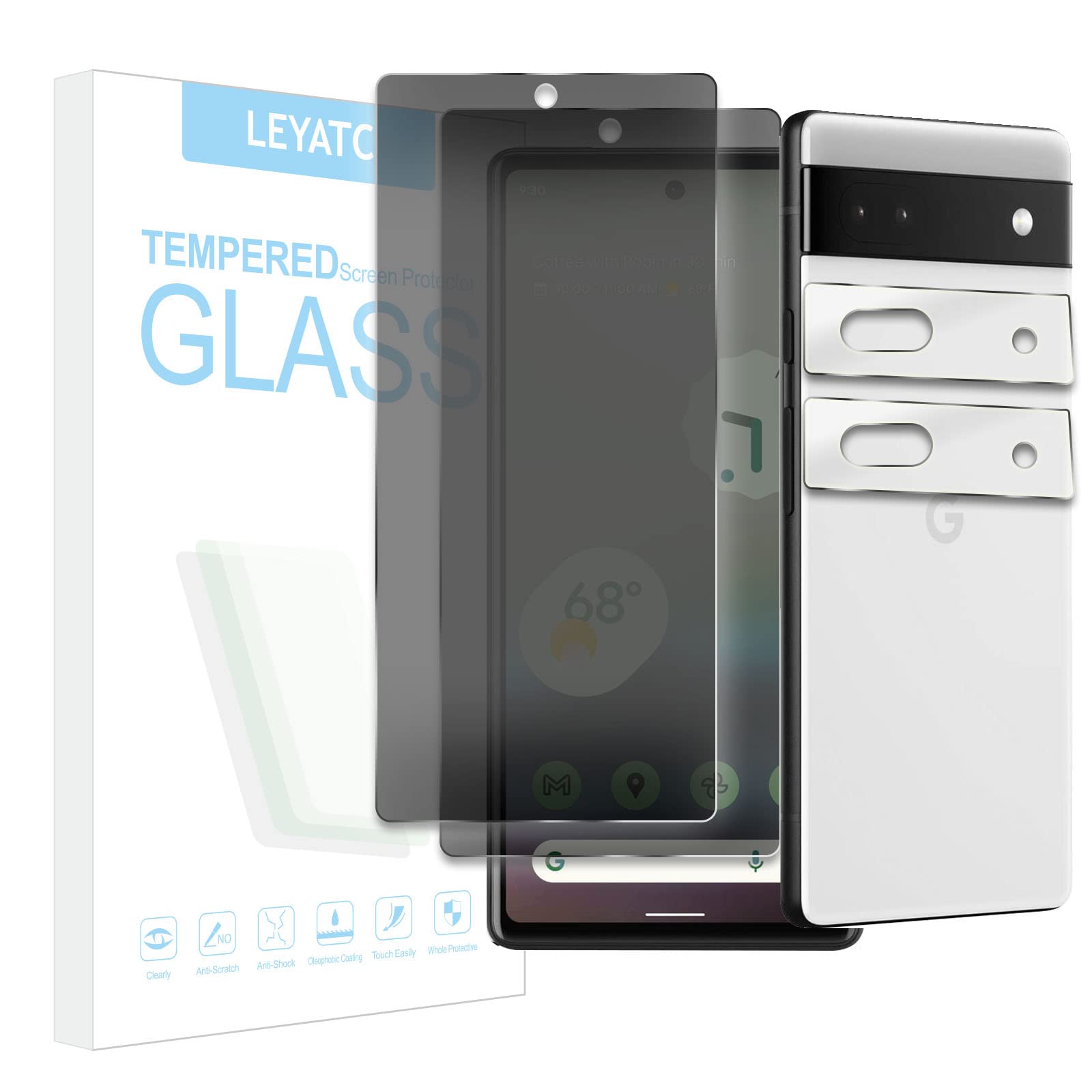 [2+2 Pack] 2Pack Privacy Screen Protector for Google Pixel 6A +2Pack Camera Lens Protector, Privacy Tempered Glass Film [9H Hardness][Bubble-Free] [Shatter Proof] [Anti-fingerprint] [Easy Installation] Screen Protector Glass Compatible with Google Pixel 6A