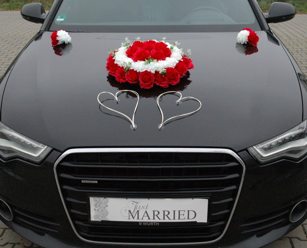 DEKORATIVER SCHMUCK Braut Paar Rose Deko Dekoration Autoschmuck Hochzeit Car Auto Wedding Deko Girlande PKW ®Auto-schmuck (Rot)