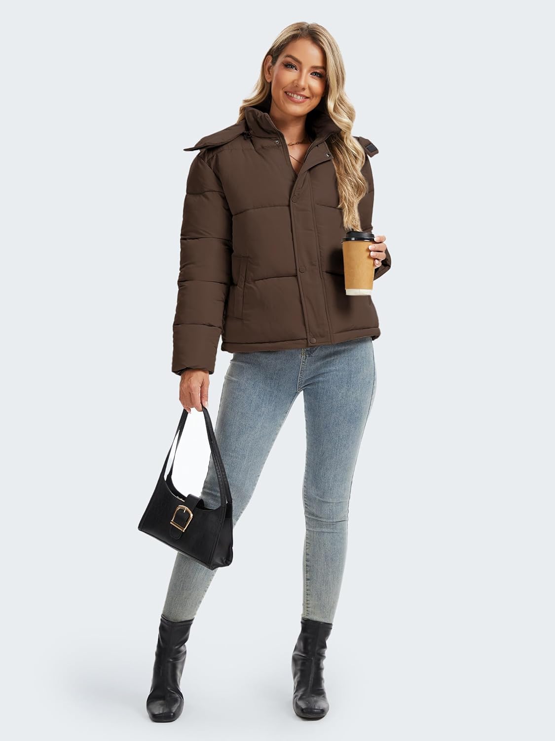 Funlingo Women's Cropped Puffer Jacket with Removable Hood Winter Zip Up Snap Button Warm Trendy Quilted Coat - Image 4