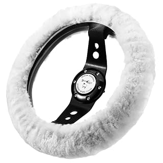 Andalus Brands Luxury Fluffy Car Steering Wheel Covers – Genuine Merino Sheepskin, Soft Fuzzy Car Steering Wheel Cover for Women, Universal 14.5-15" Size, Plush Fur Cute Auto Accessories, White