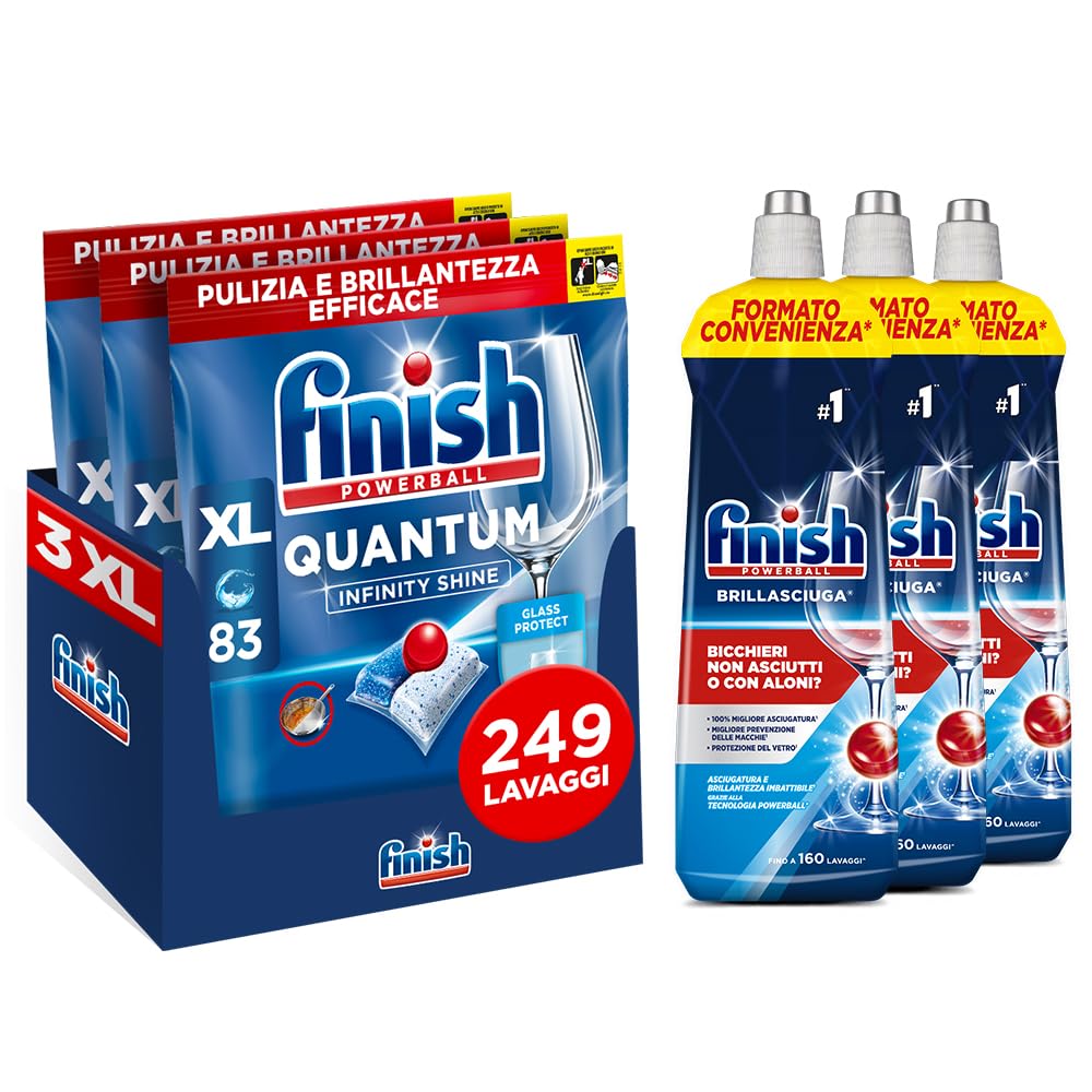 Finish Quantum Infinity Shine Pastiglie Lavastoviglie, 249 Capsule, per una Pulizia Profonda e Stoviglie Brillanti, e 3 Confezioni di Brillantante 800ml, Additivo per Stoviglie Splendenti e Asciutte