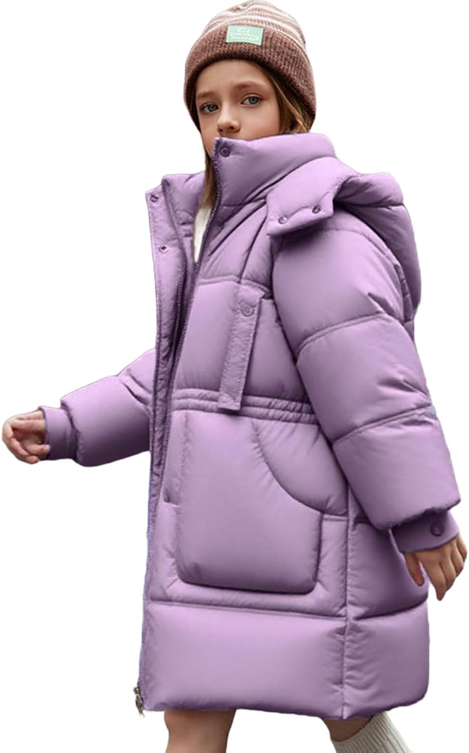 Girls Winter Mid-Length Puffer Coats Hooded Full Zip Quilted Down Coat Kids Solid Warm Thicken Outwear with Pockets 7-8 Years A01#purple - Image 1 of 8