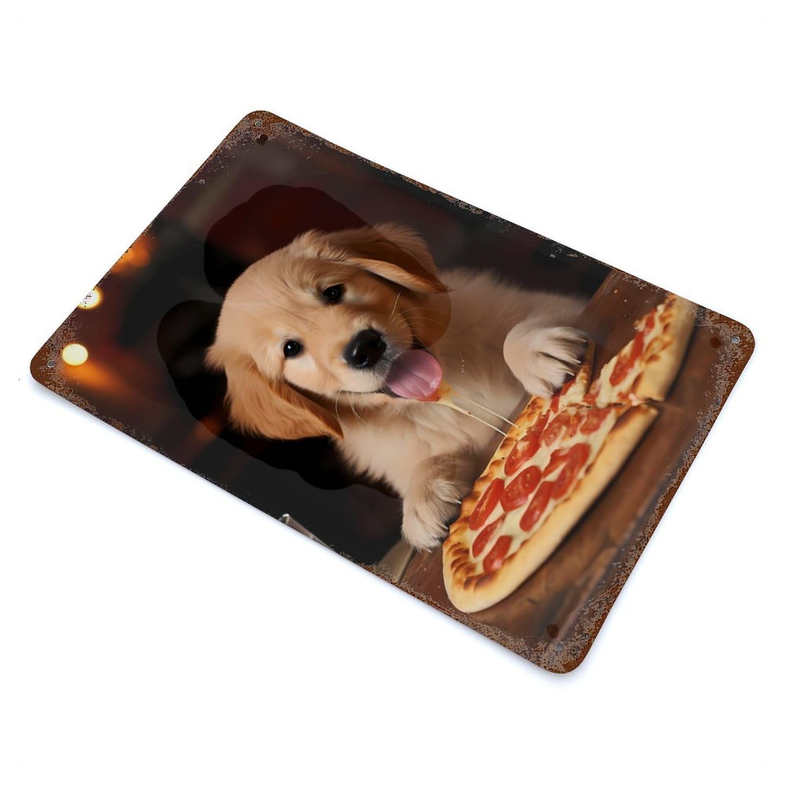 Rust Effect Golden Retriever Pizza Pup Aged Metal Wall Plaque 11.8"x7.9", Rustic Home Decor for Bistro, Counter And Cafe Decor