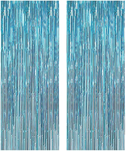 ShiDianYi Metallic Foil Fringe-Backdrops-Turquoise-6FTX8FT Tinsel Party/Window/Door Decorative Aqua Blue Fringe Curtains (Pack of 2) (Turquoise)