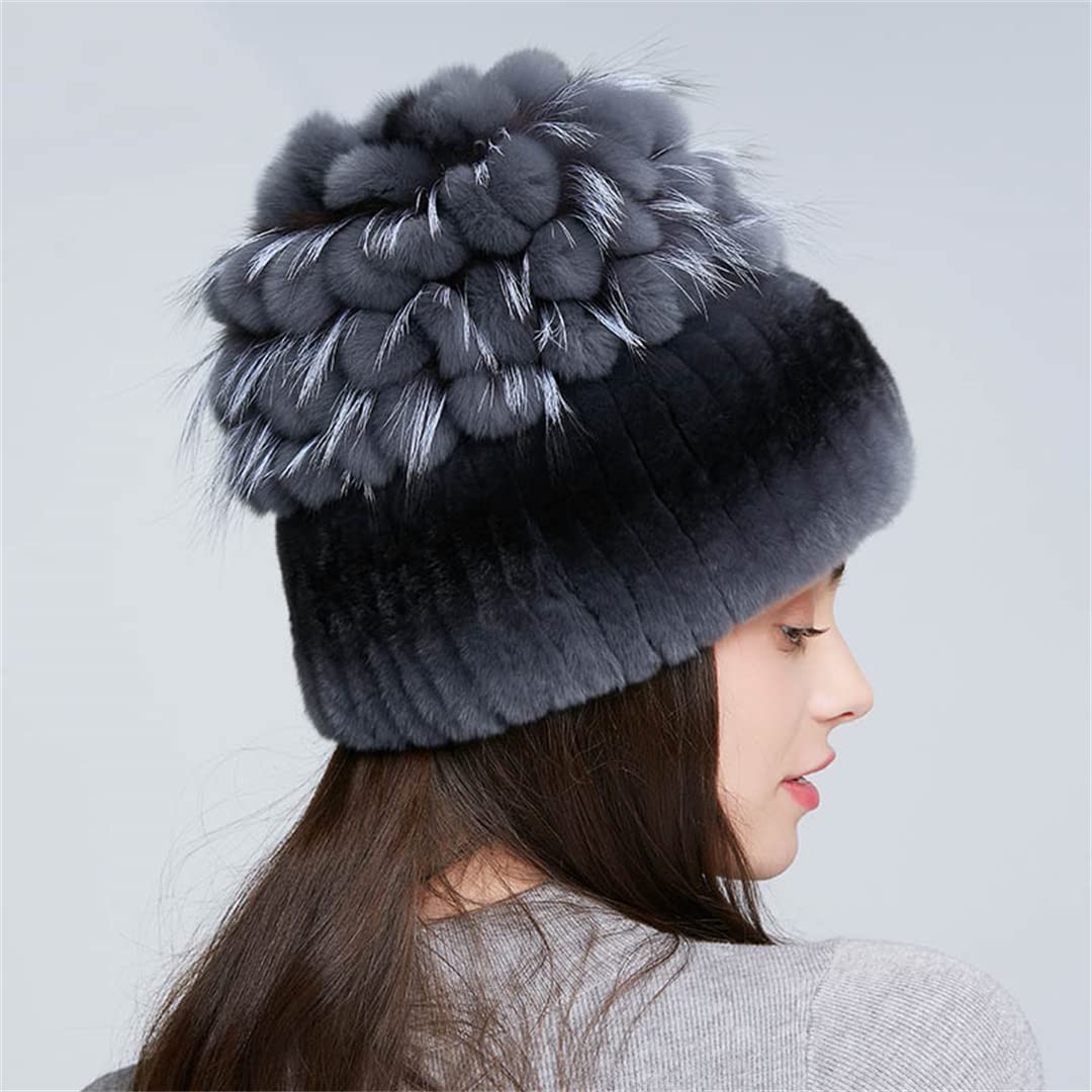 Sombreros de Piel de Mujer para Invierno Gorro de Piel de Conejo Natural Moda Femenina Gorros Gruesos y cálidos Gorros 105 52-58 Cm