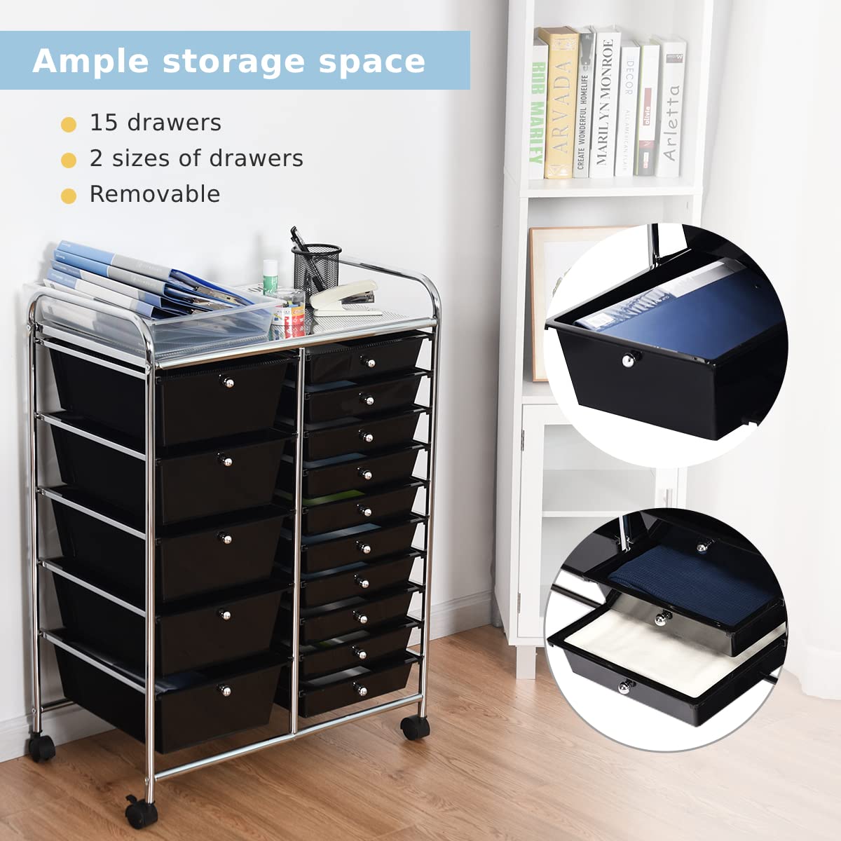 Carrito de almacenamiento de 15 cajones con ruedas bloqueables, organizador móvil multiusos para el hogar, oficina, papelería, belleza y salón de belleza, carrito rodante (negro)