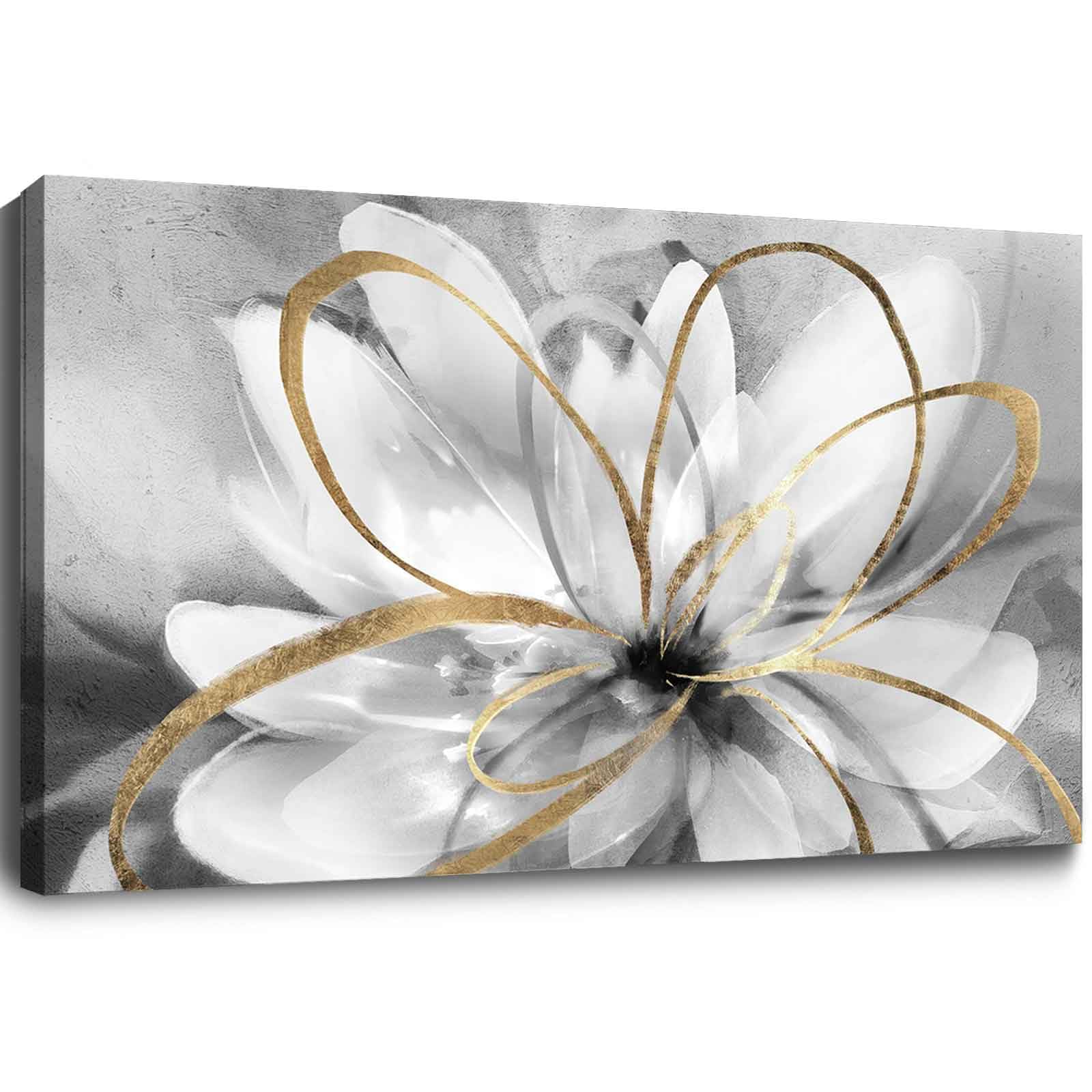 SOUGUAN White Flower Pictures Wall Decor 24"x36" Gold Line Modern Canvas Paintings for Bedroom Living Room Office Wall Decor