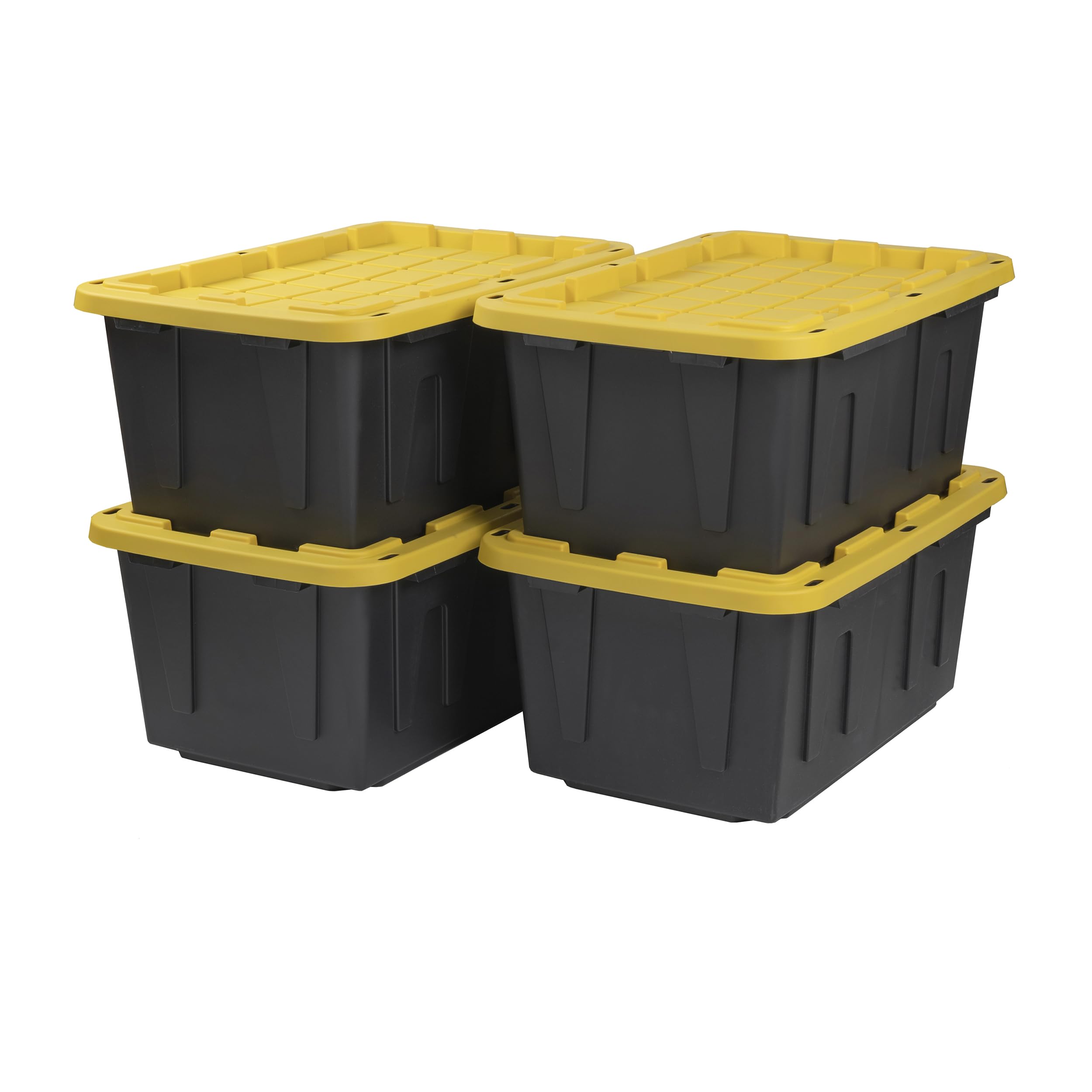 CX BLACK & YELLOW, 27-Gallon Heavy Duty Tough Storage Container & Snap-Tight Lid, (14.3"H x 20.6"W x 30.6"D), Weather-Resistant Design and Stackable Organization Tote [4 Pack]