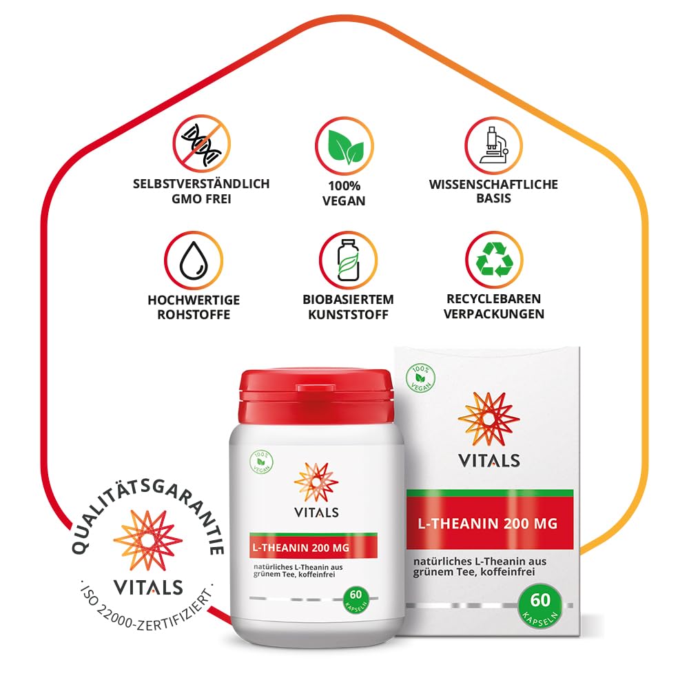 Vitals - L-Theanin 200 mg 60 Kapseln. Natürliches L-Theanin aus grünem Tee, Koffeinfrei
