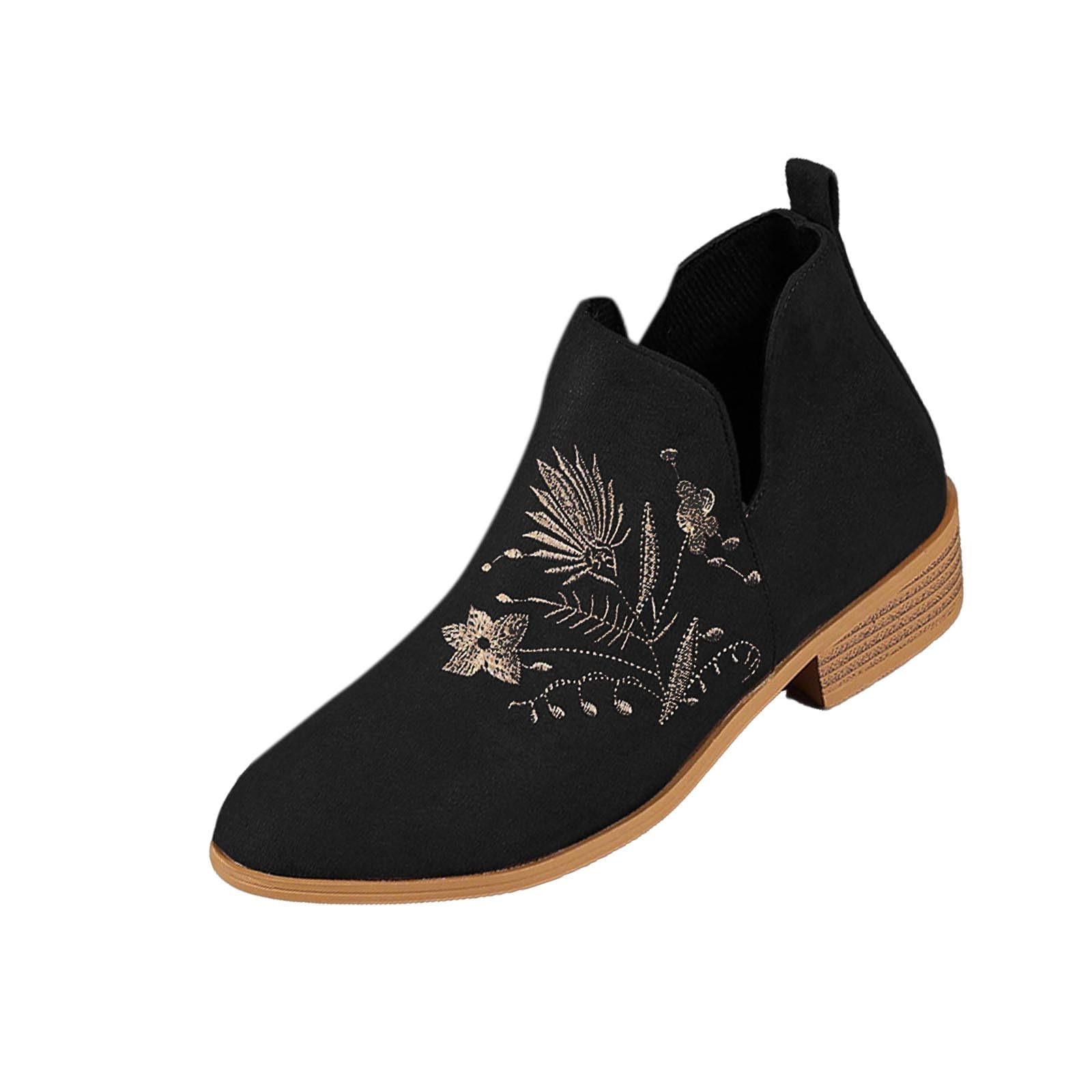 Women Winter Versatile Embroidery Round Toe Thick Heel Side Zipper Short Boots Mid Heel Ankle Boots