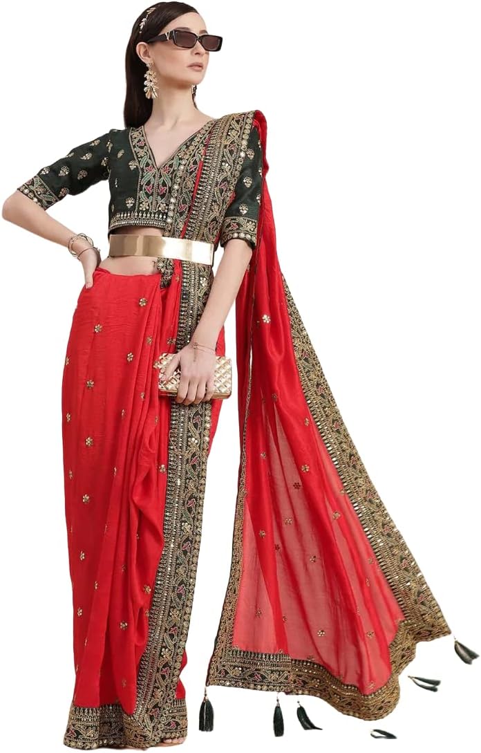 Fashion Basket Women's Georgette Red Saree With Unstitched Blouse (SSFB-SARI2845_Free Size_Maroon)