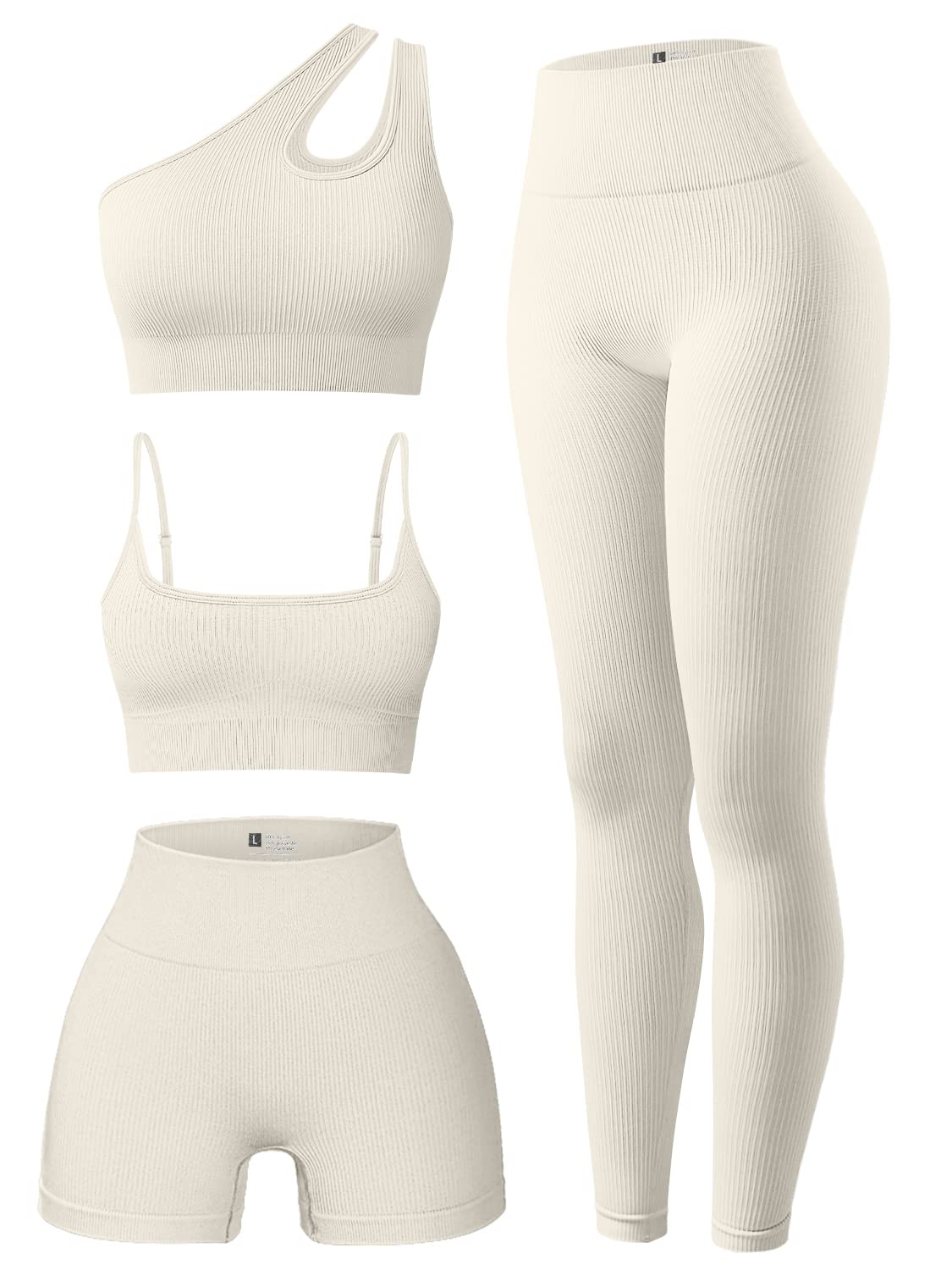 OQQ Women's 4 Piece Ribbed Exercise Scoop Neck Sports One Shoulder High Waist Legging Active Set Bra Shorts Outfit, Beige1, Large