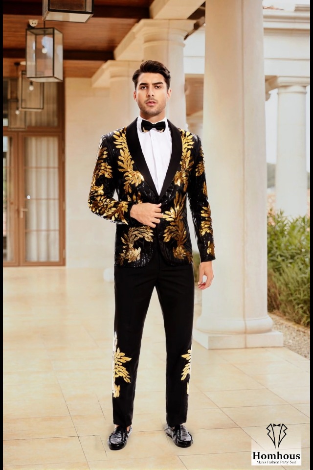 what should a man wear to match a gold dress Homhous Men's Black and Suit 2 Pieces Blazer Pants for Prom Homecoming Silhouette_Sheath Column Split