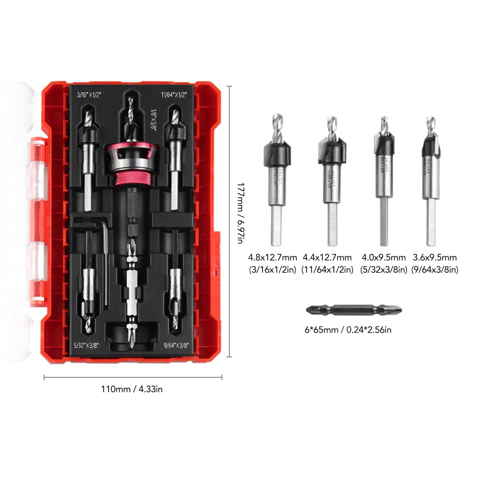 Luocute Juego de Brocas Avellanadoras, 4 Piezas Brocas Cónicas M2 de Acero Al Carbono con Tope de Profundidad Ajustable Vástago Hexagonal de 6,5 Mm, Avellanadoras para Madera,