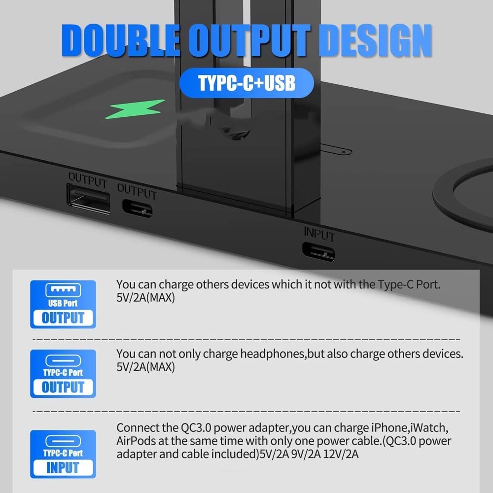Soporte Soporte para Auriculares 3 En 1 Universal para con Puerto USB Tipo C Compatible Carga Inalámbrica Auriculares