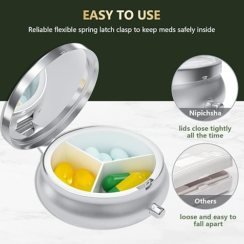 Miniatura 5 de Nipichsha Pastillero, pequeño pastillero para bolso y bolsillo, lindo organizador de medicamentos de viaje, soporte portátil para medicamentos para