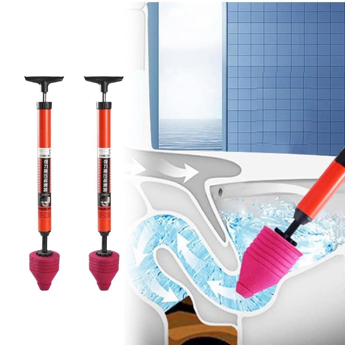 High Pressure Toilet Unblock One Shot Toilet Pipe Plunger Upgraded Toilet Plunger Kit Clogged Pipe High Pressure Air Drain Clog Remover Plumbing Tool for Sink Bathroom Kitchen (Red*2)
