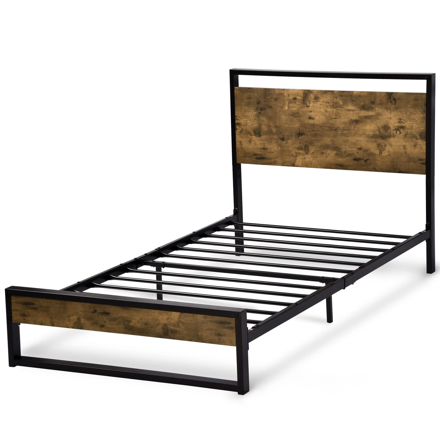 Twin Size IMUsee Platform Bed Frame with Wood Headboard and Metal Slat, Rustic Country Style, Strong Metal Slats Support, Easy Assembly