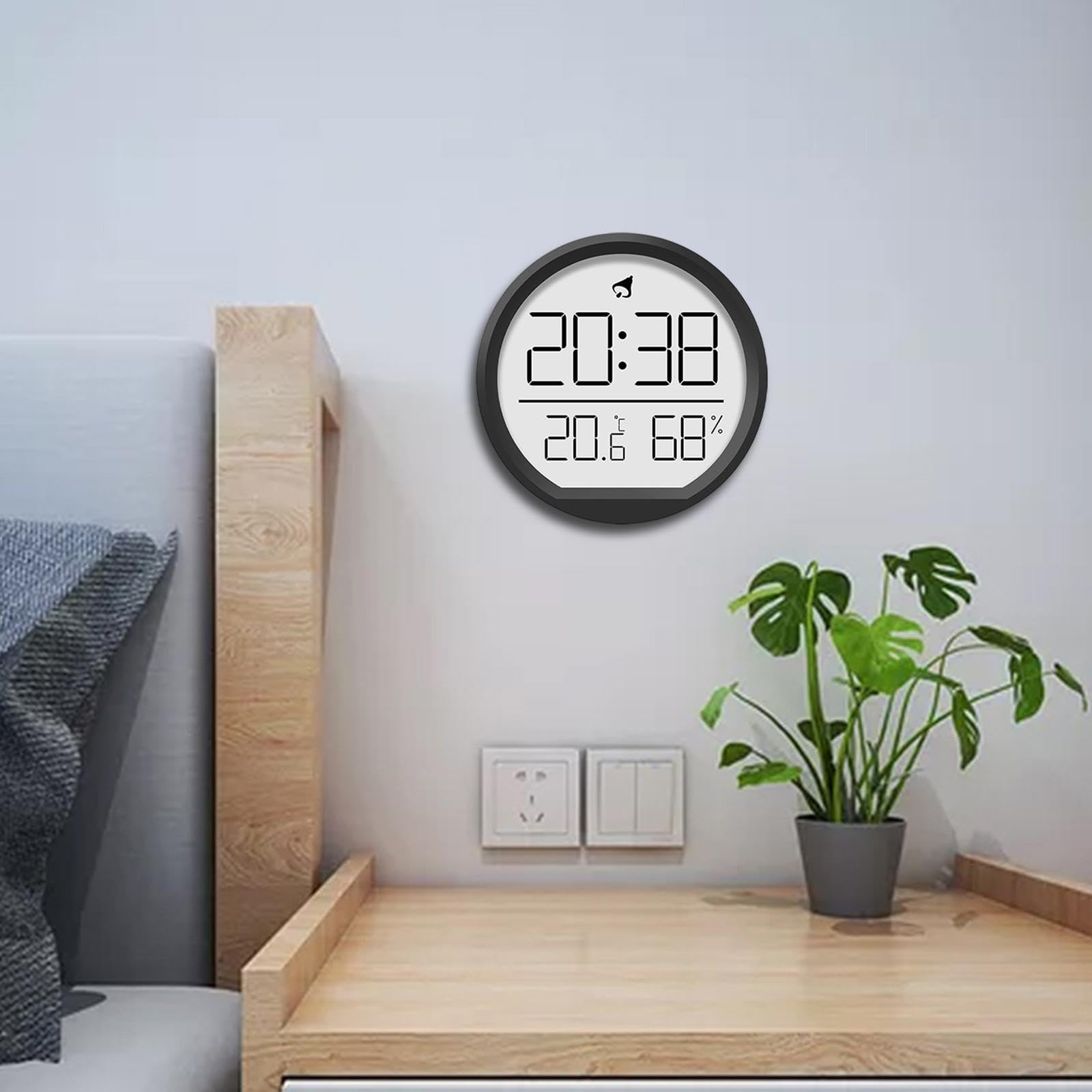 Sharplace 3 in 1 Digitaler Wecker, runde Wanduhr mit Thermometer, kein Ticken, 12/24 Stunden, vielseitige batteriebetriebene Uhr Desktop Thermometer tragbar Für Haus Küche Büro, Schwarz
