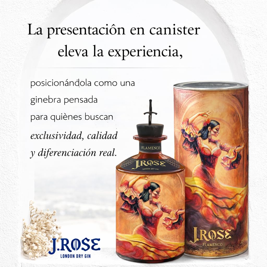 J.Rose Flamenco London Dry Gin 70 cl | Ginebra Premium Artesanal Italiana | 9 Botánicos | Edición Especial | 43% Vol | Diseño Francesco Palma | Ideal para Cócteles