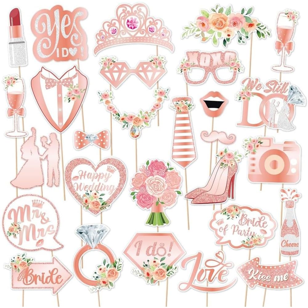 Hsc Rose Gold Photo Booth Props, Hen Party Accessories, Wedding Party Decorations, Diy Photobooth Kit With 28 Pieces For Bridal Shower, Bachelorette Parties