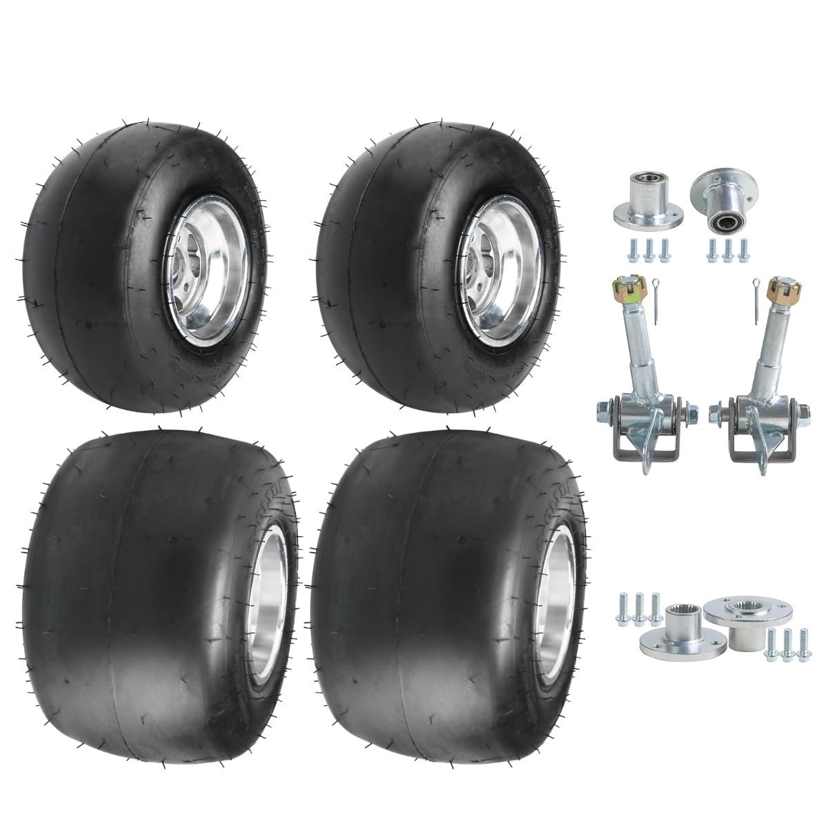 5" Racing Go Kart Wheels Tire Front 10x4.50-5 and Rear 11x7.10-5 Tires and Rims 3 Stud 50mm & Steering Spindles Wheel Hubs for Go Cart ATV Quad Buggy 4 Wheeler Drift Trike Mini Bike Racer Tire