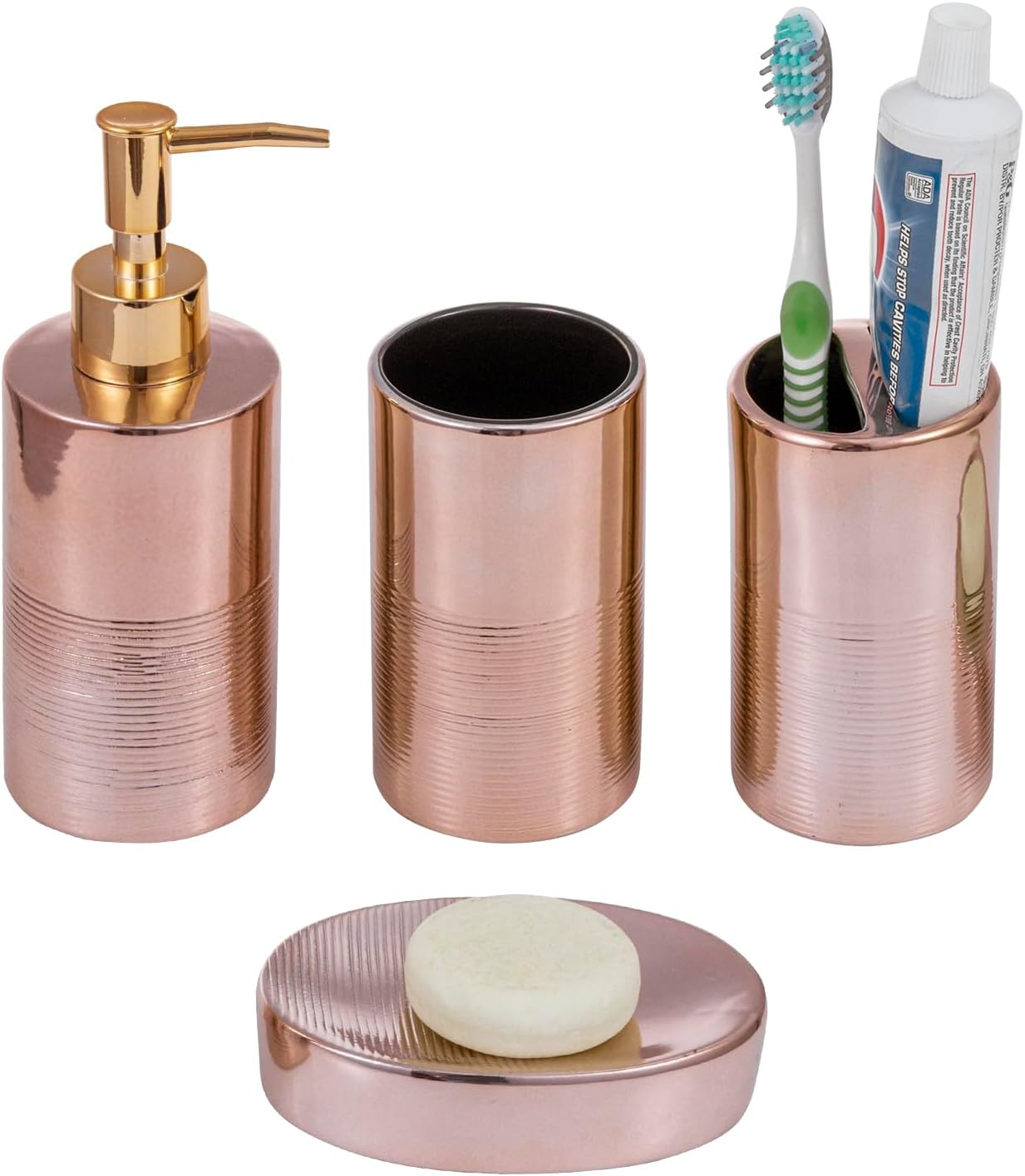 MyGift 4 Pcs Ceramic Bathroom Accessories Set, Toothbrush Holder with Lotion Soap Dispenser, Soap Dish, Tumbler, Pink Bathroom Set for Girl, Rose Gold Bathroom Decor
