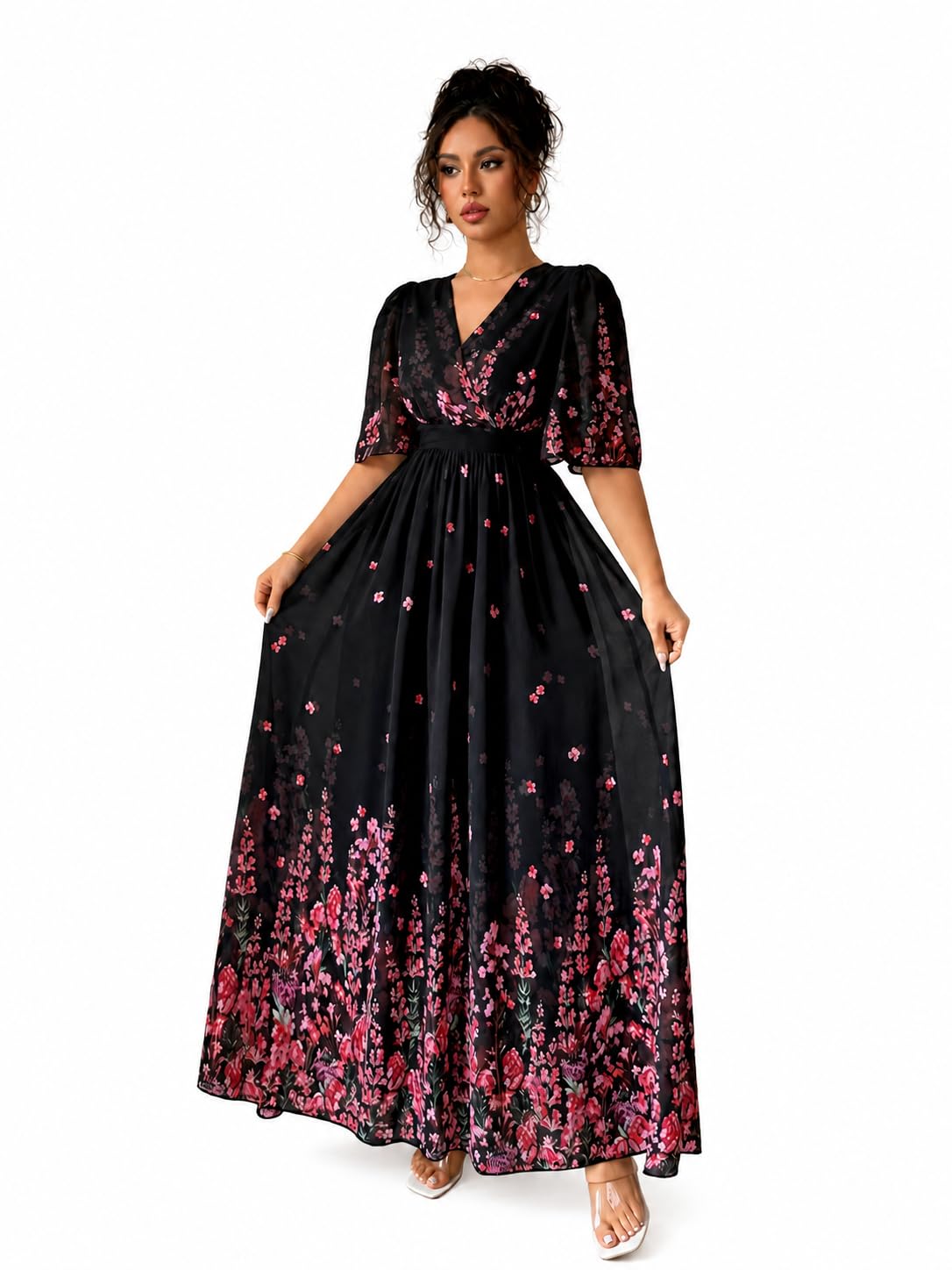 Women's & Girls Floral Print Maxi Dress, V-Neck, Fit & Flare Long Dress for Party, Casual, Evening Outfit & Festival wear-image-6