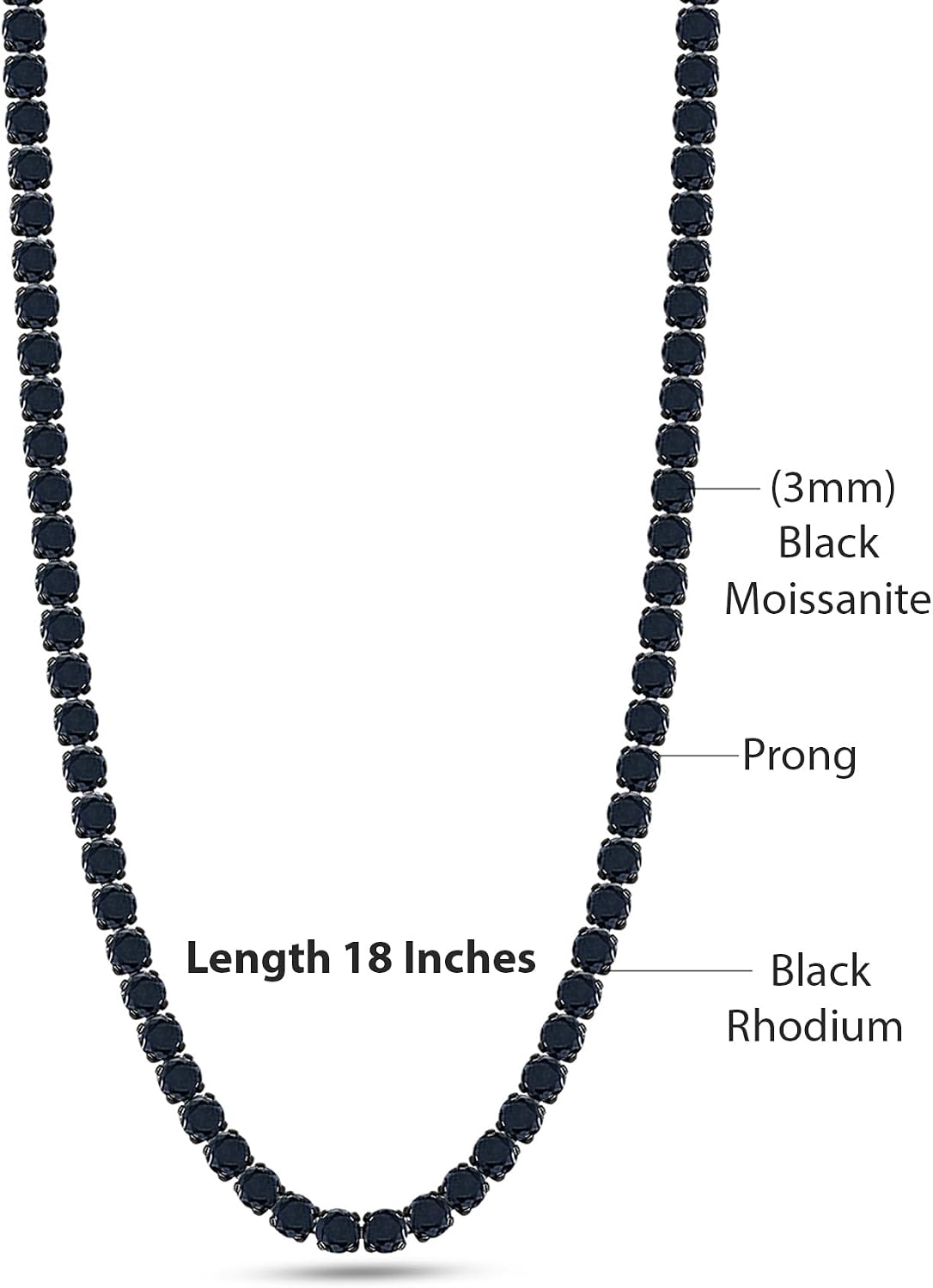 SAVEARTH DIAMONDS Round Cut Lab Created Black Moissanite 3MM To 6.5MM Width Tennis Chain Necklace For Men Women In 14K Black Rhodium Plated Sterling Silver, (VVS1 Clarity, 12.45cttw to 84.20cttw)