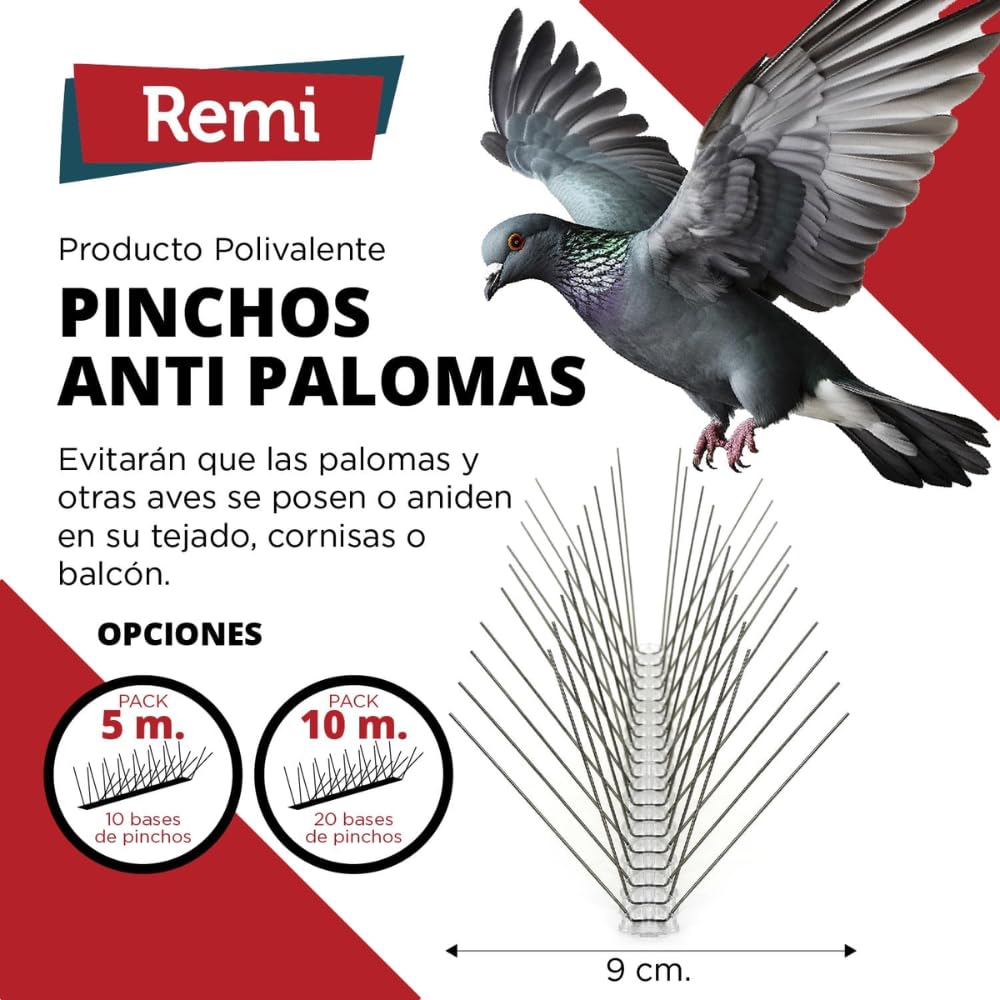 Pack de 5 Metros de Pinchos Antipalomas | Remi Hogar | Púas para Palomas de Acero Inoxidable | Ahuyenta Palomas Efectivo | 10 Tiras de 50cm Montadas | Con base transparente