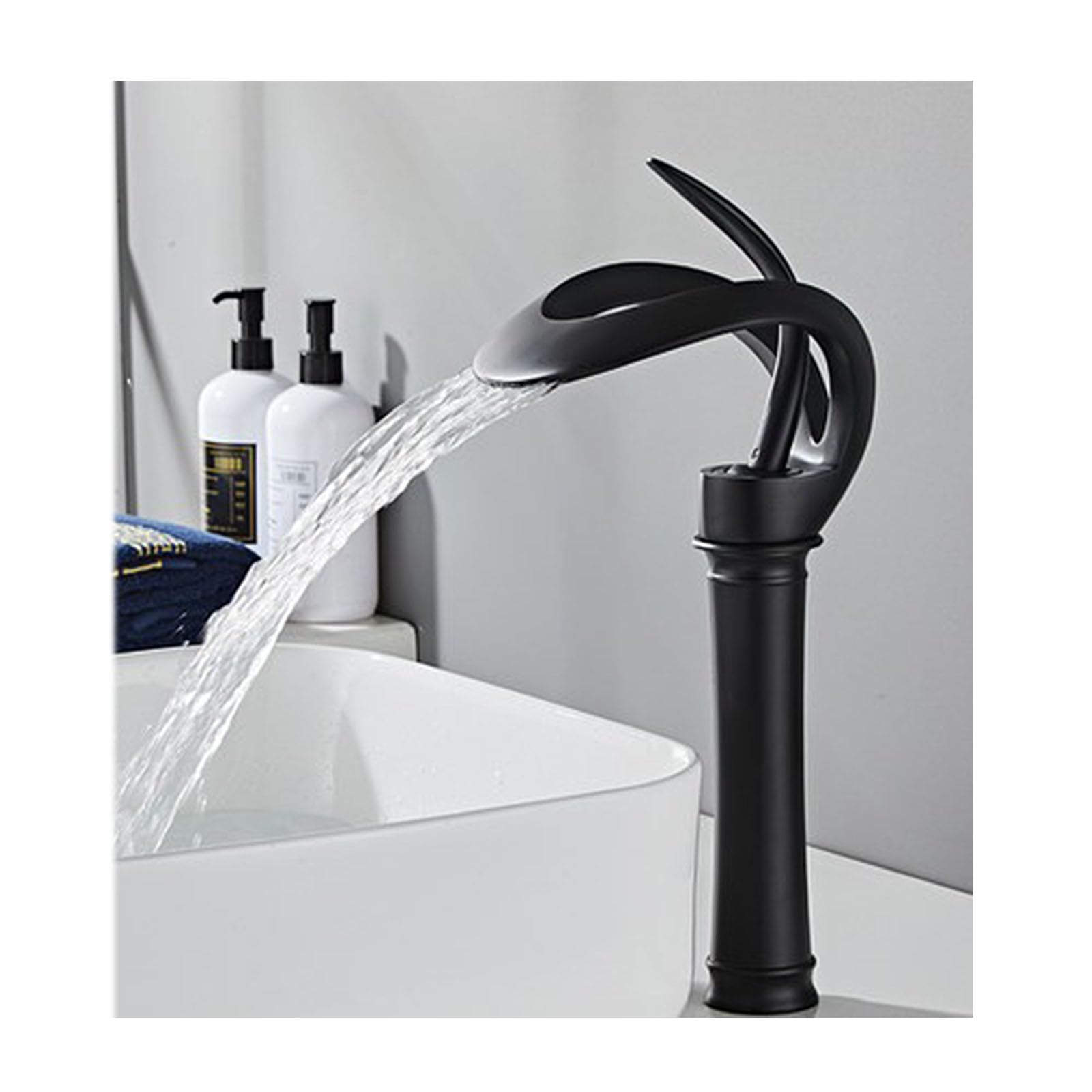 Heiße Und Kalte Hohem Auslauf Waschtisch Armatur,Messing Waschtisch Wasserhahn Bad,Einhandgriff Waschtischarmatur Hoch,Schwarz