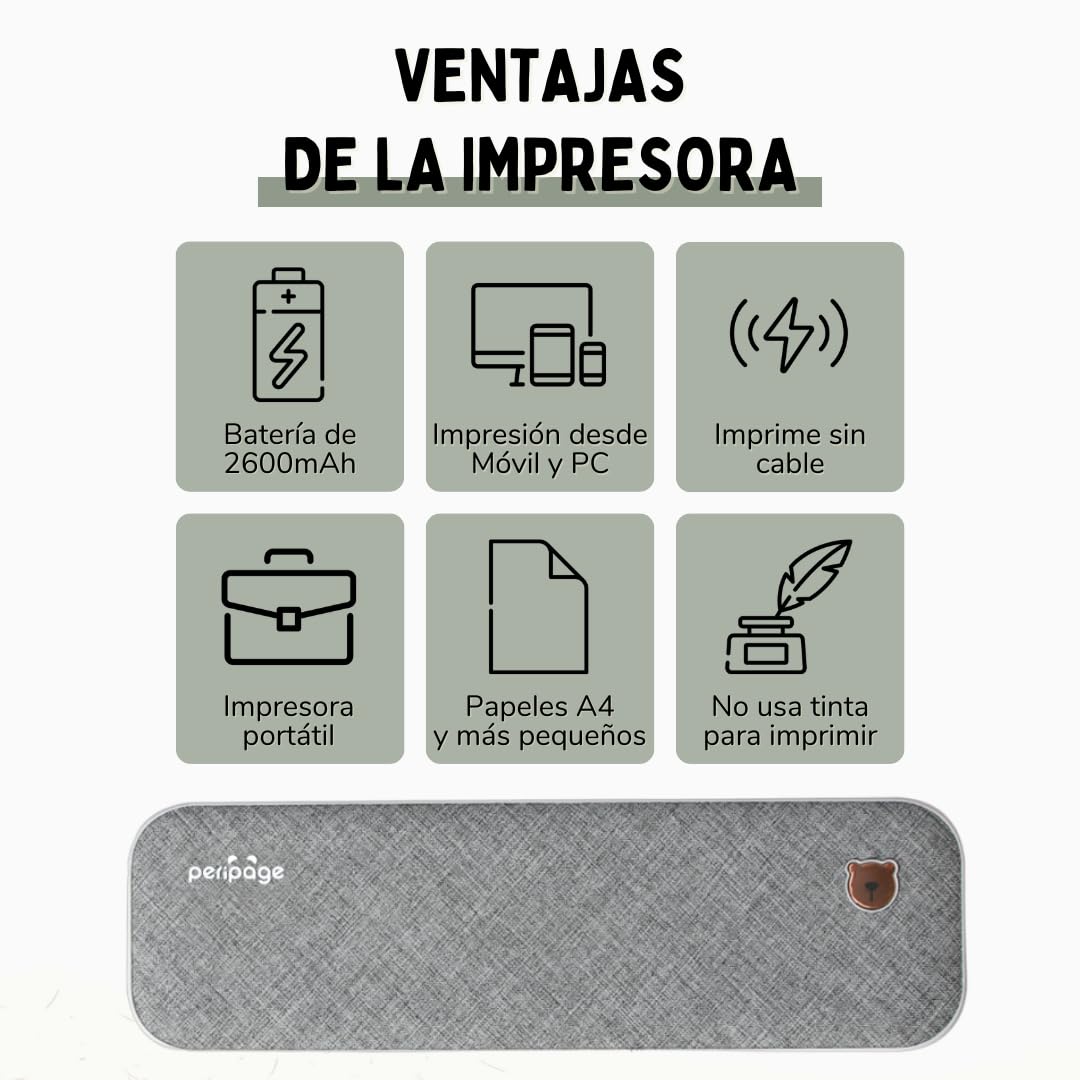 Stampante portatile termica Bluetooth A4 – Stampante portatile da viaggio con carta termica senza inchiostro e toner – compatibile con computer Windows, Mac... e cellulari Android, iOS – PeriPage