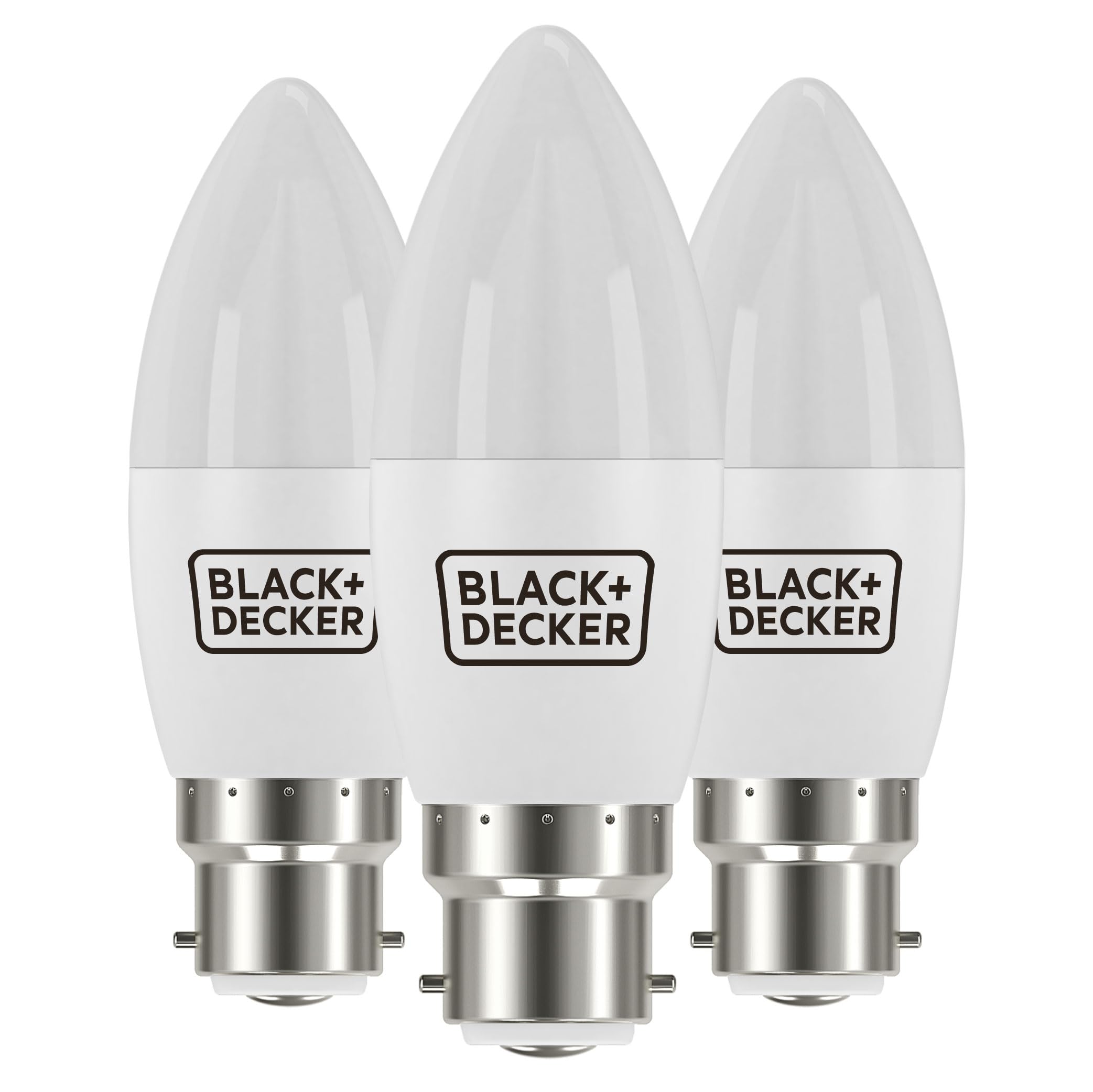 Black+Decker Warm White (2700K) Black+Decker® - Led Candle Lightbulbs - Pack Of 3 Light Bulbs • 4.2W • B22 Bayonet Base • Warm White 2700K • Non-Dimmable • 470 Lumens • Energy Class E