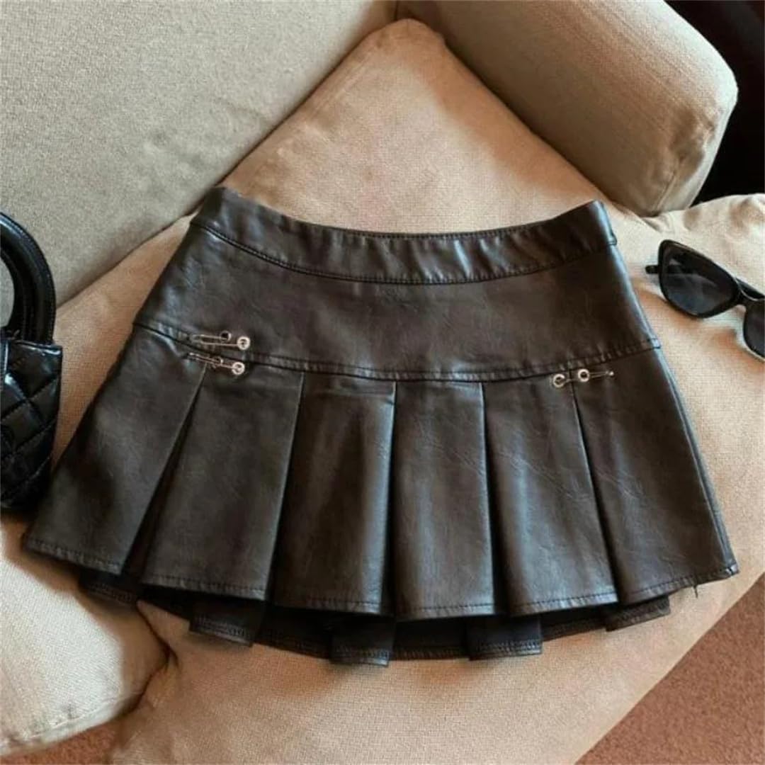Kelsiop Falda plisada de piel sintética para mujer, corte ajustado, cintura alta, color rojo y negro