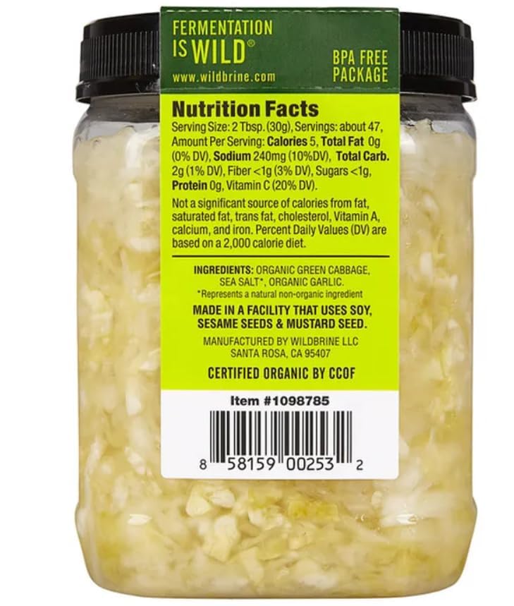 Raw Organic Sauerkraut, 50 oz, ORGANIC GREEN CABBAGE, SEA SALT*, GARLIC.