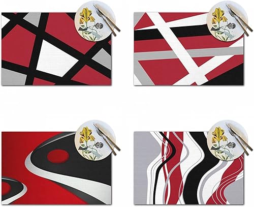 Juego de 4 manteles individuales cuadrados de algodón, con líneas negras y rojas, antideslizantes, resistentes al calor, lavables, para cocina, mesa