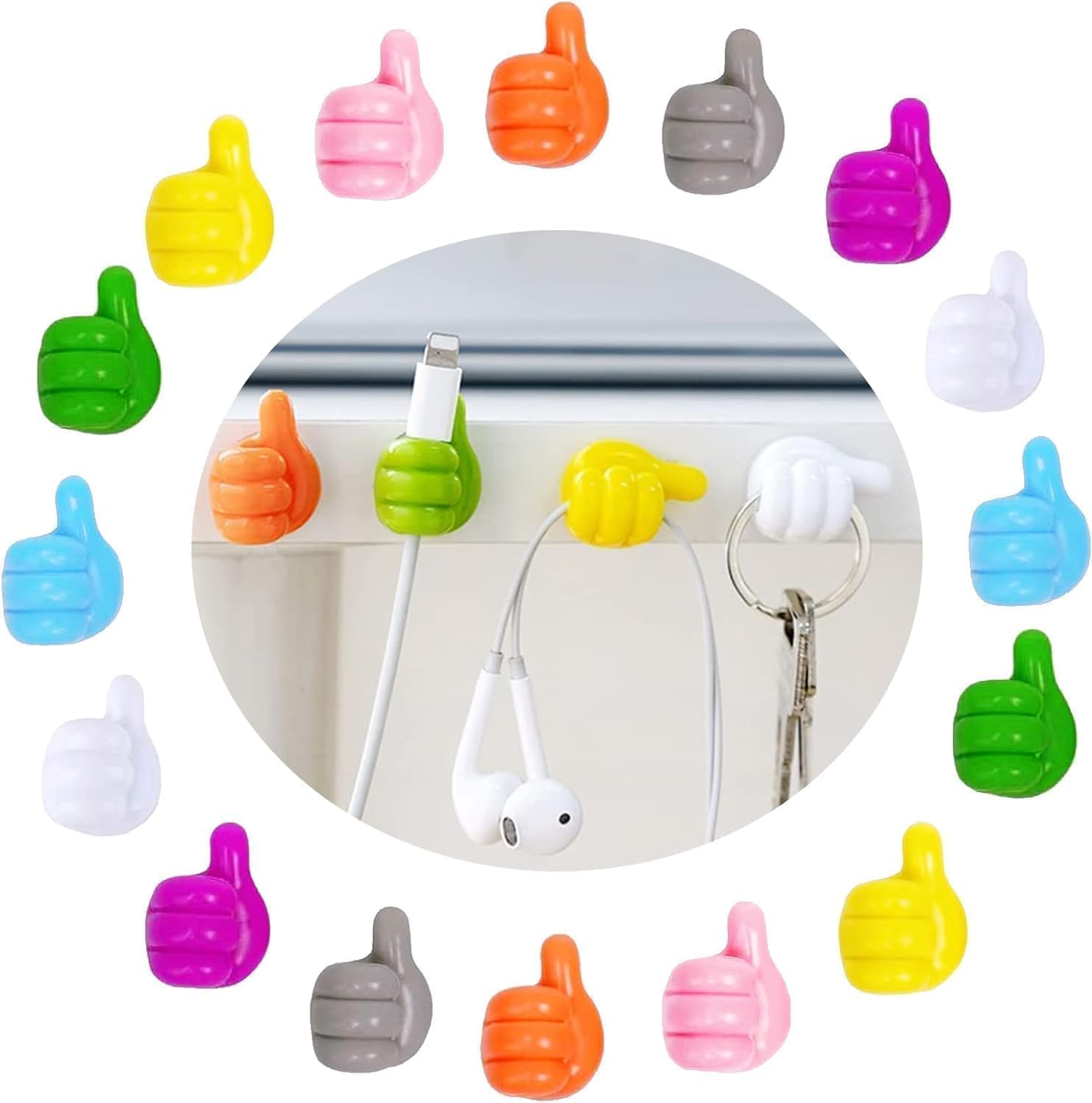 Shivstor 5 Pack Thumb Shape Silicone Wall Hooks Self-Adhesive Key Holder & Cable Organizer Cute Multicolor Hook for Home Office Desk No Drill Wall Hook for Keys Wires, Towels-image-8