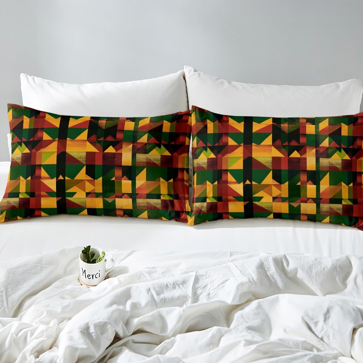 Kwanzaa Bed Sheets Tribal Heritage Holiday Bedding Set Red Green Black Yellow Fitted Sheet for Bedroom Home Vintage Geometric Grid Triangle Fitted Bed Sheets Vintage Kwanzaa Decorations, 3Pcs Full