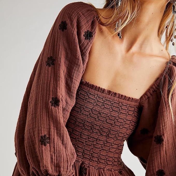 Women Floral Embroidered Maxi Dress Long Puff Sleeve Square Neck Bohemian Flowy Dress with Pockets Summer Fall2