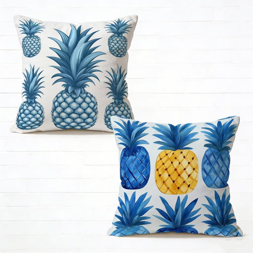 Housse De Canapé 65x65 cm Lot de 2 Bleu Coussin Canape 65 x 65 Coussin Decoratif Lin Coussincarré Ananas Impression Recto Verso avec Fermeture éclair Invisible pour Printemps Été Décoration 2-471LSL