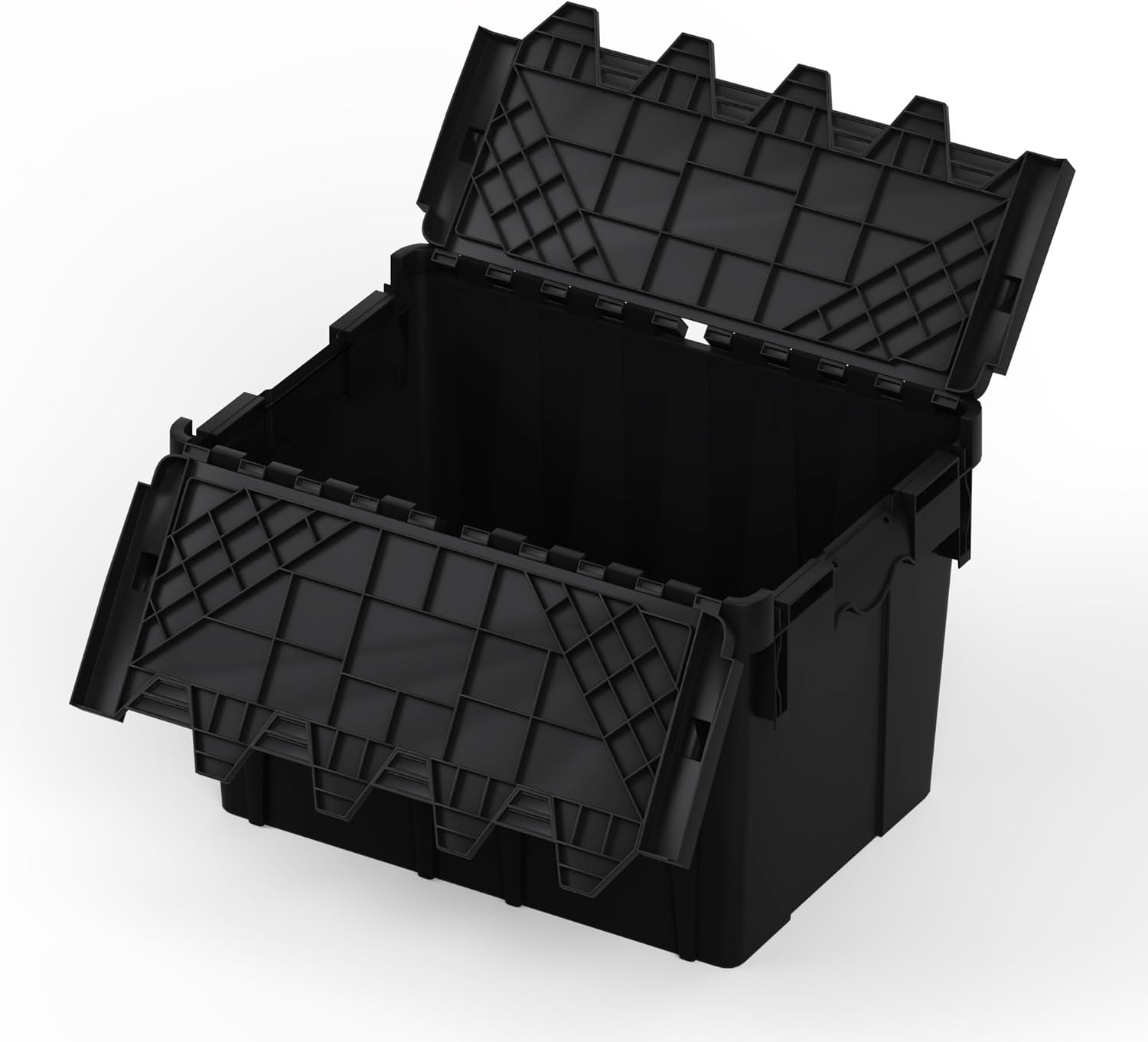 6 Pack Black Attached Lid Tote Box 22 x 16 x 13 Inch, Heavy Duty Stackable Plastic Storage Container with Hinged Lids, Durable Nestable Bin for Industrial, Tools, Garage, Warehouse and Logistics Use