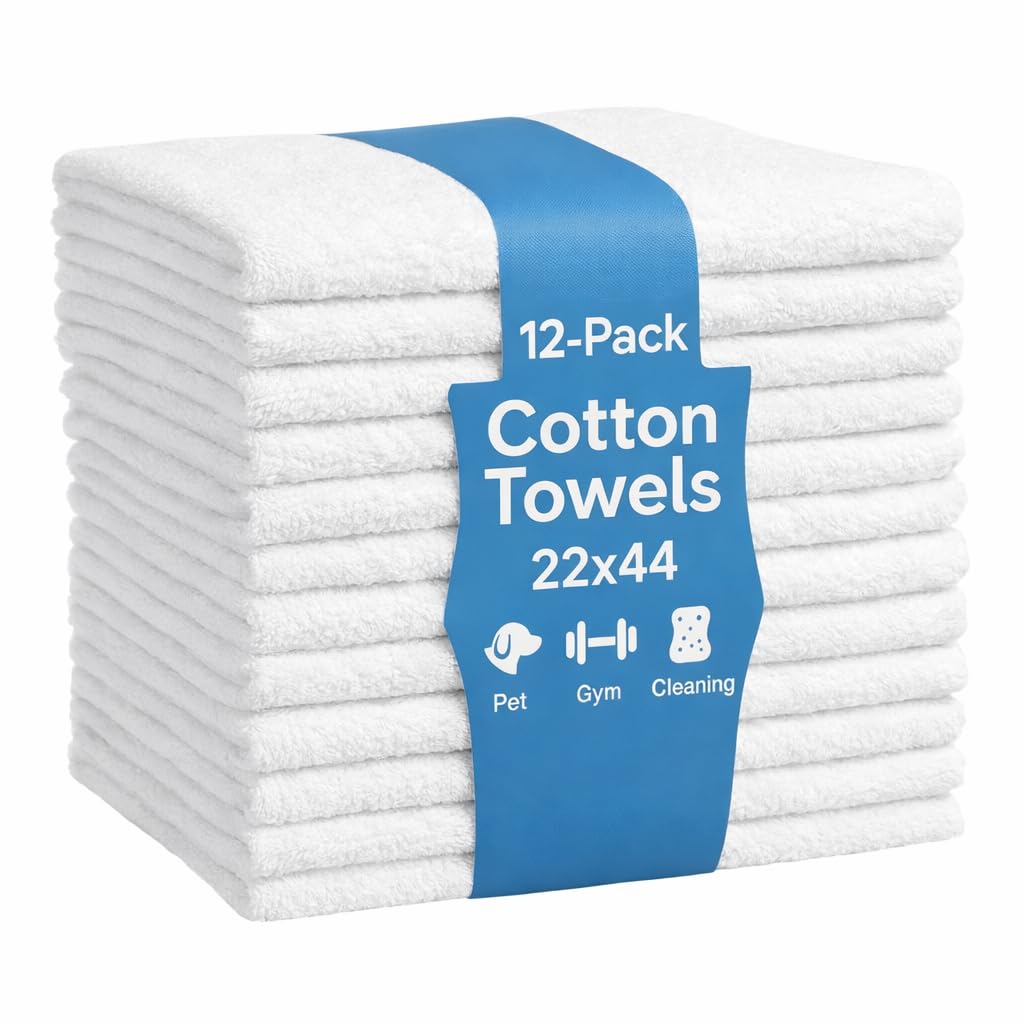 JMR 12 Pack Cotton Bath Towels 22x44-Hotel Multi-Purpose for Commercial and Home Use-Soft, Lightweight, Super Absorbent, Quick Drying Pool, Gym, or Spa (White, 22x44-12 pcs)