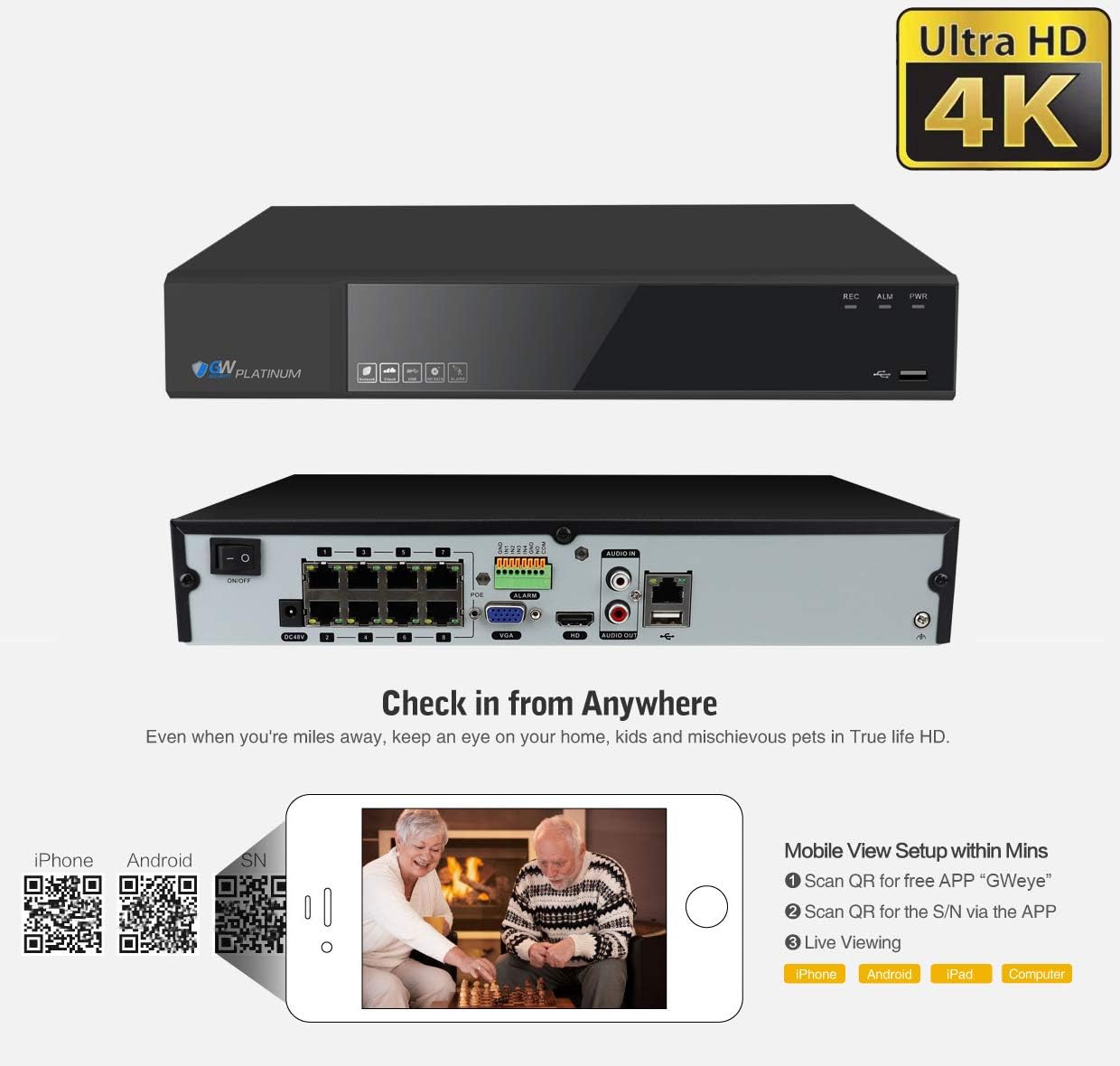 GW Security 8 Channel 4K NVR 8MP (3840x2160) H.265+ IP PoE Security Camera System with 8 Outdoor/Indoor 2.8-12mm Varifocal Zoom 8.0 Megapixel 2160P AI Cameras, Face Recognition, Free Remote View