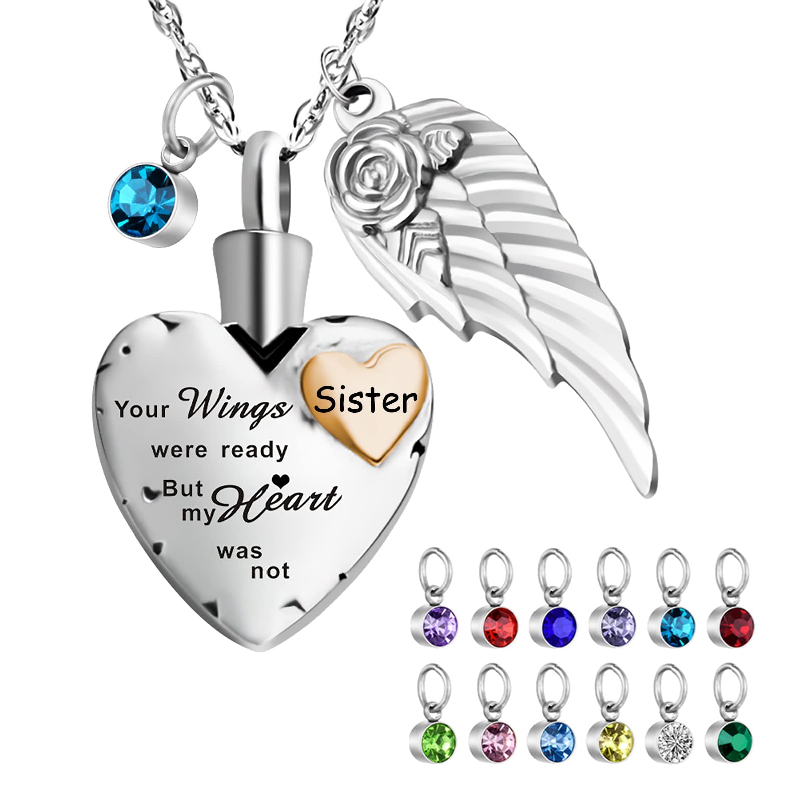 abooxiuHeart Urn Necklaces for Ashes with 12 Pcs Birthstones Cremation Necklace for Ashes Stainless Steel Cremation Jewelry - Your Wings Were Ready, But My Heart Was Not
