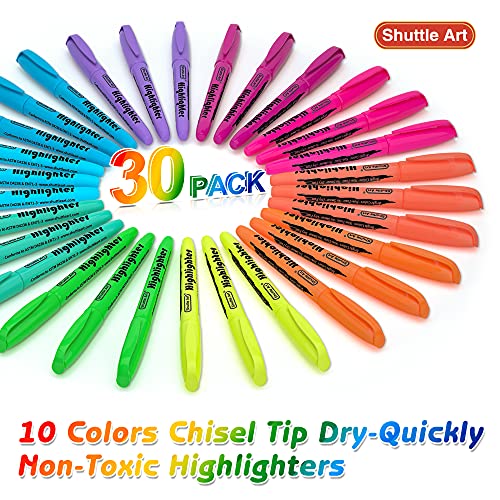 Shuttle Art Highlighters, 30 Pack Highlighters Assorted Colours, 10 Colours Chisel Tip Dry-Quickly Non-Toxic Highlighter markers for Adults Kids Highlighting in the Home School Office