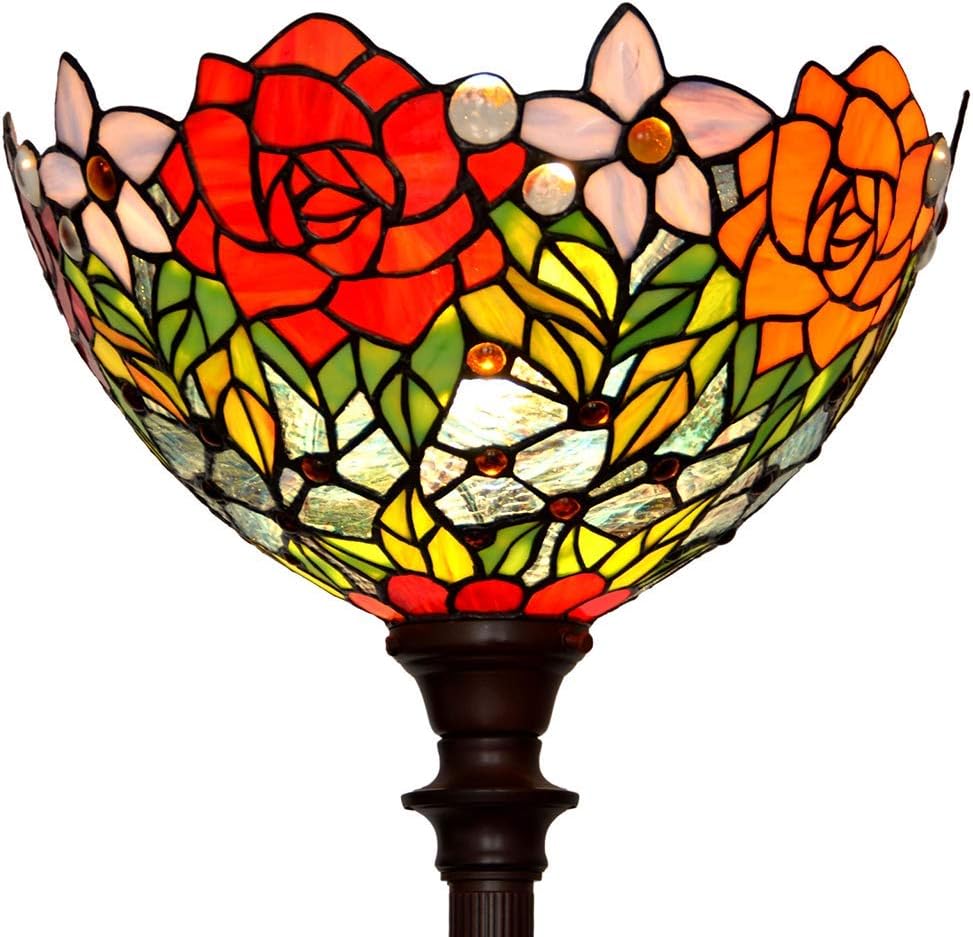 HT Tiffany Style Floor Lamp 14 Inch Wide Rose Stained Glass Upward Shade 1-Light Antique Base Traditional Handmade Fixture Lighting for Living Room Bedroom Bedside Nightstand Study The Office